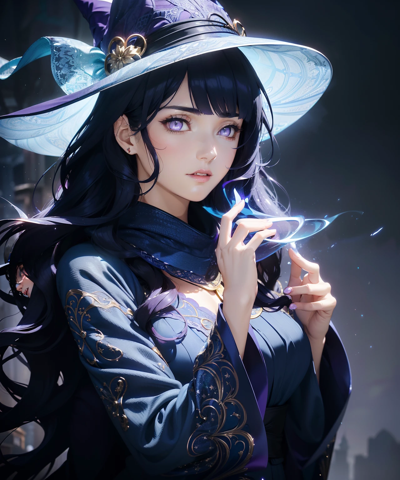 woman in her 20s, (perfect face), defined jawline, (beautiful bright purple eyes:1.2), beautiful lips, (long dark blue flowing wavy hair:1.2), (perfect hands), (intricate blue long-sleeved enchantress outfit), scarf, (big intricate blue witch hat), (warm volumetric lighting), looking at viewer, (medium shot photograph), (fantasy library background:1.2), photorealistic, Blunt Bangs