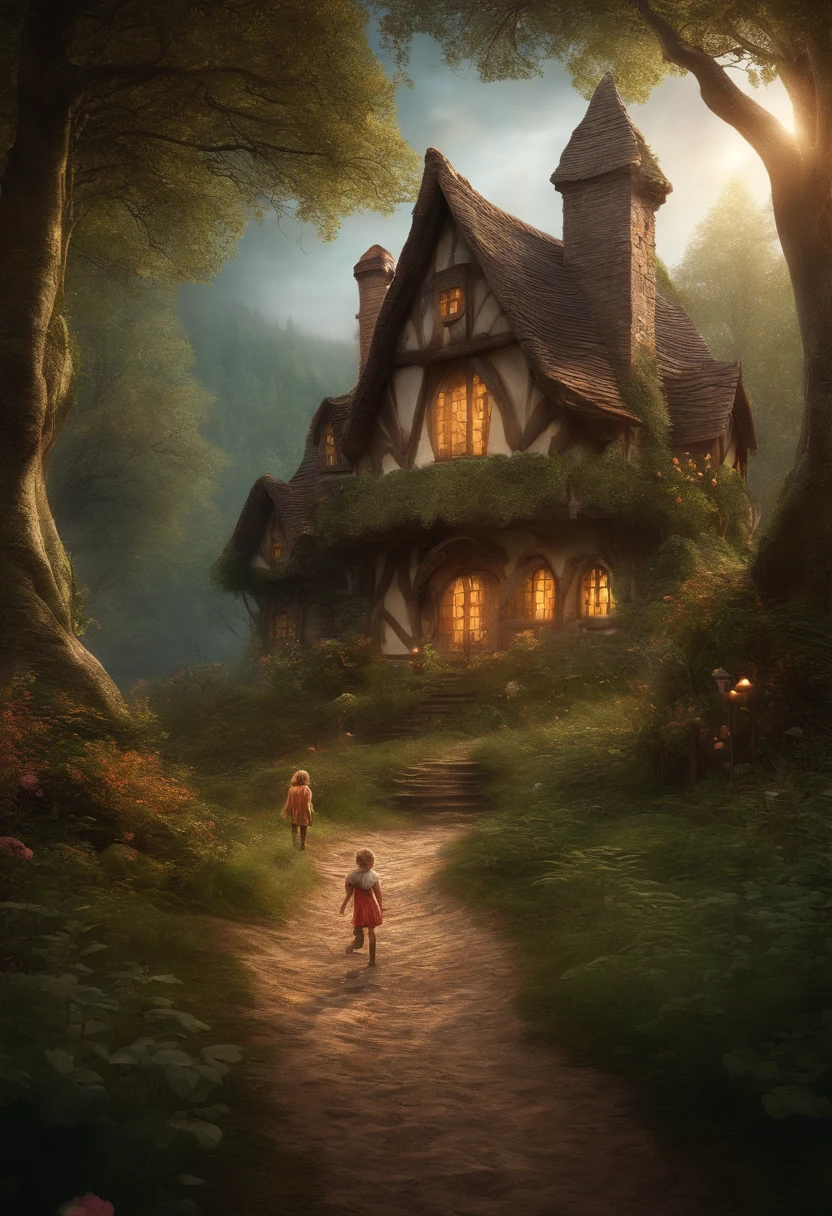 there are two children walking in the woods towards a house, a storybook illustration by Elaine Hamilton, shutterstock, fantasy art, beautiful render of a fairytale, hansel and gretel, young adult fantasy novel cover, witch cottage in the forest, enchanted magical fantasy forest, the house in the forest, realistic fantasy render, house in the wood, enchanted and magic forest