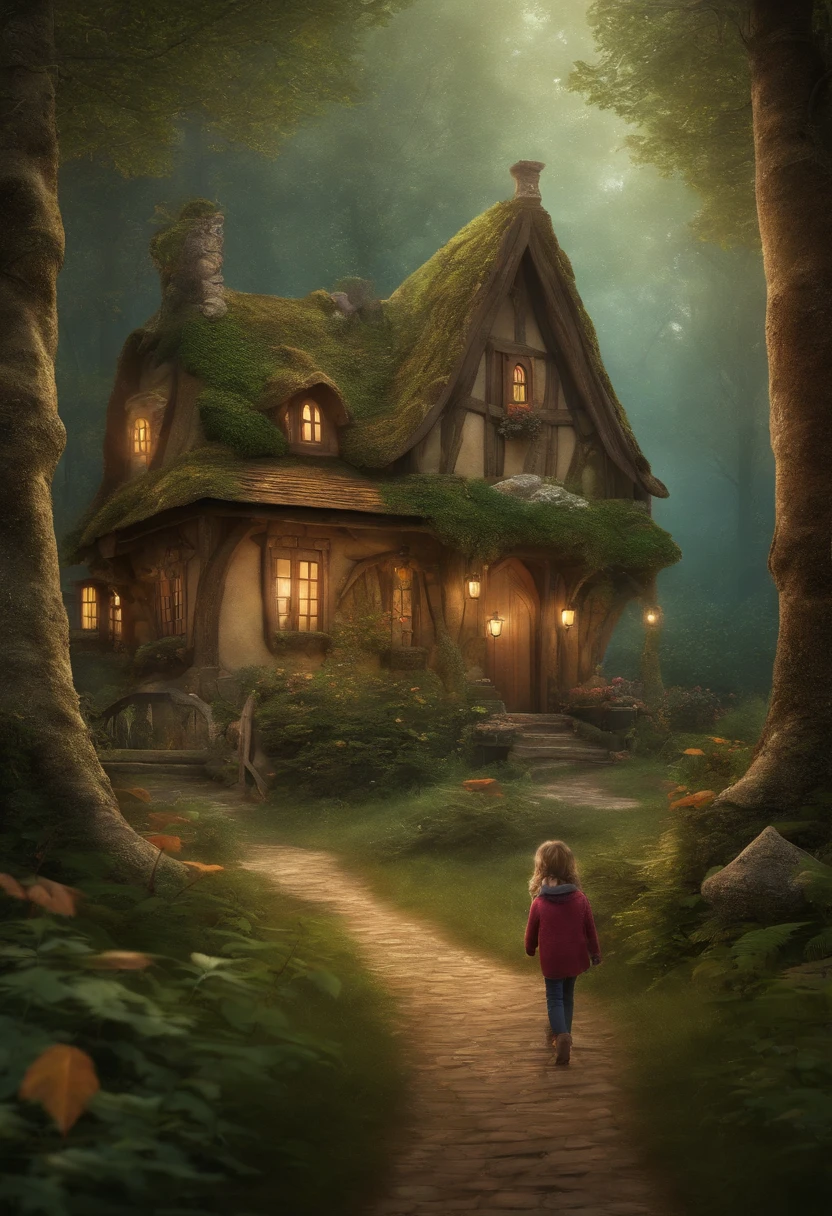 there are two children walking in the woods towards a house, a storybook illustration by Elaine Hamilton, shutterstock, fantasy art, beautiful render of a fairytale, hansel and gretel, young adult fantasy novel cover, witch cottage in the forest, enchanted magical fantasy forest, the house in the forest, realistic fantasy render, house in the wood, enchanted and magic forest