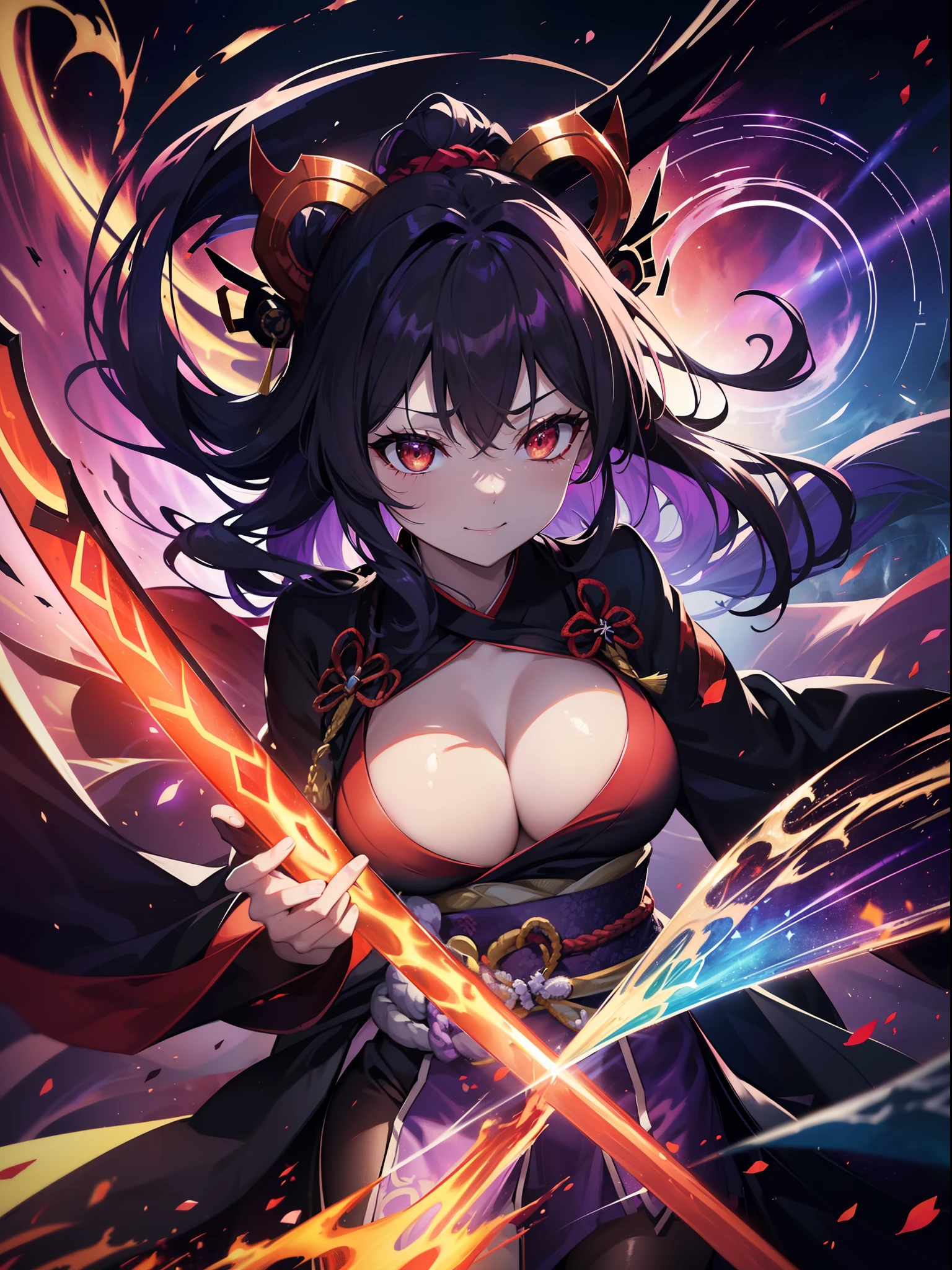 (She has cat ears:1.3),(red eyes:1.3),(Face Focus:1.3), (Witch Demon King:1.3),(Very excited and provocative smile:1.3),(black and long hair:1.3), hair messy, (Eyes half closed:1.3), (perfectly detailed eyes:1.3),(High flight power:1.3),Dynamic Angle,Her skin is pale,(Red and black kimono costume:1.3),(tits out:1.7),(Scythe Combat Pose:1.3),(The Devil's Scythe That Glows Red:1.3),(Purple Flame Sickle:1.3),She has a samurai scythe,Unleash the Weapon of Darkness,(Colossal tits:1.3),(Chest zoom:1.3),watermelons,Highest Quality, Raise the railgun, ((sanpaku))(Eyes half closed)), (Red glowing thunder sword:1.3),(Fiery Red Sword:1.3),Countless blades glowing purple,Lens Flare, Big rainbow,The moon shines,Star chips, bloom, ((light glow)), chromatic abberation], Digital Painting, Insane details, Intricate details, Beautifully color graded, Unreal Engine, Cinematic , colour grading, Editorial Photography , Photography, Kiss Shot, Canon 5D Camera Photography,Shot on 70mm lens, Depth of subject, ultra sharpness, nffsw, octane, Unreal, Dramatic light, Global Illumination,Motion Picture Film,rainbow,lensflare,(Rainbow Moon Wave Art:1.3),(Sengoku:1.3),(Agfacolor:1.3),(close portrait:1.3),(Feminine:1.4),(Beautiful:1.4),(Attractive:1.3),Move an angle,Themed Background,