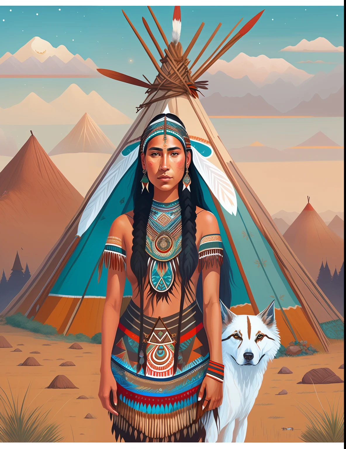 araffe native american indian woman with dog in front of teepee, : native american shamen fantasy, native american, jen bartel, native american art, full color illustration, beautiful young female shaman, full color digital illustration, a young female shaman, she is dressed in shaman clothes, in style of digital illustration, stylized digital illustration