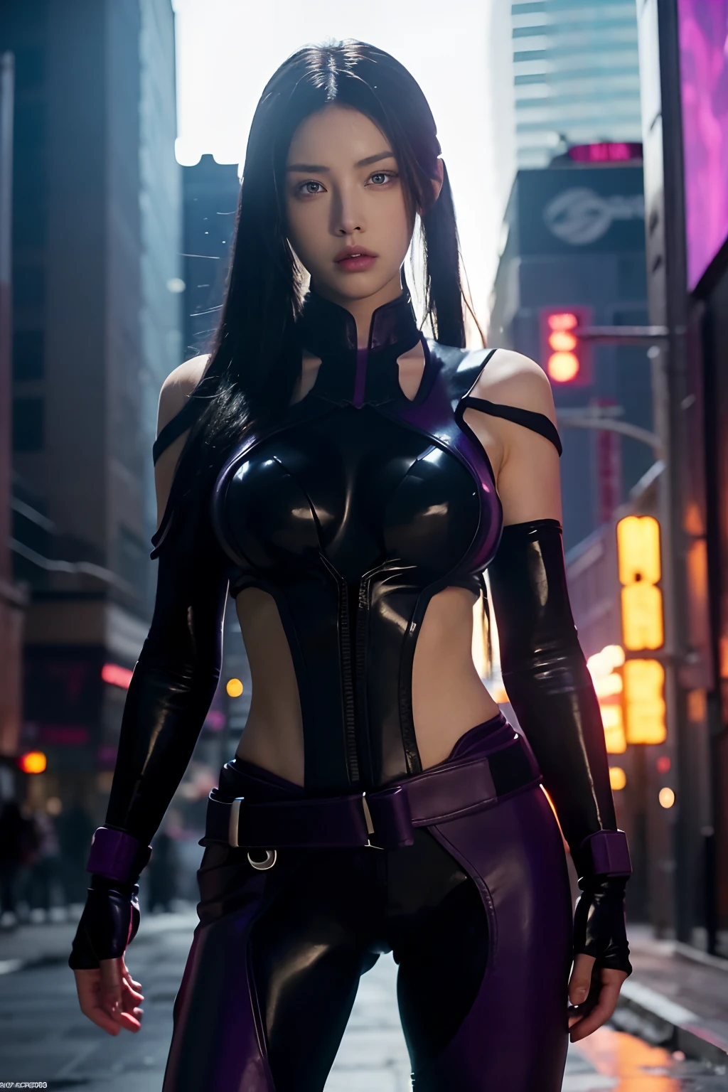 Olivia Munn, gorgeous, face perfect sculptural body, large, big breasts, thick thighs big ass, perfect curves, (Masterpiece, 4k resolution, ultrarealistic, very detailed), (Navy blue superhero theme, charismatic, Japanese village in front of the sea, wearing technological swimsuit Psylocke X-Men, she is a superheroine), [ ((25 years), (long black hair:1.2), full body, (blue eyes:1.2), ((samurai attack pose), demonstration of strength, coming out power from the hands in pink), ((sandy urban environment):0.8)| (cityscape, at night, dynamic lights), (full moon))] # Explanation: The Prompt mainly describes a 4K painting of ultra-high definition, very realistic, very detailed. It shows a superheroine on top of the city, wearing a Psylocke X-Men tech swimsuit. The theme in the painting is a blue superhero theme, the female protagonist has long black hair, is 25 years old, and her entire body is shown in the painting. In terms of portraying the actions of superheroines. holding katana in hand