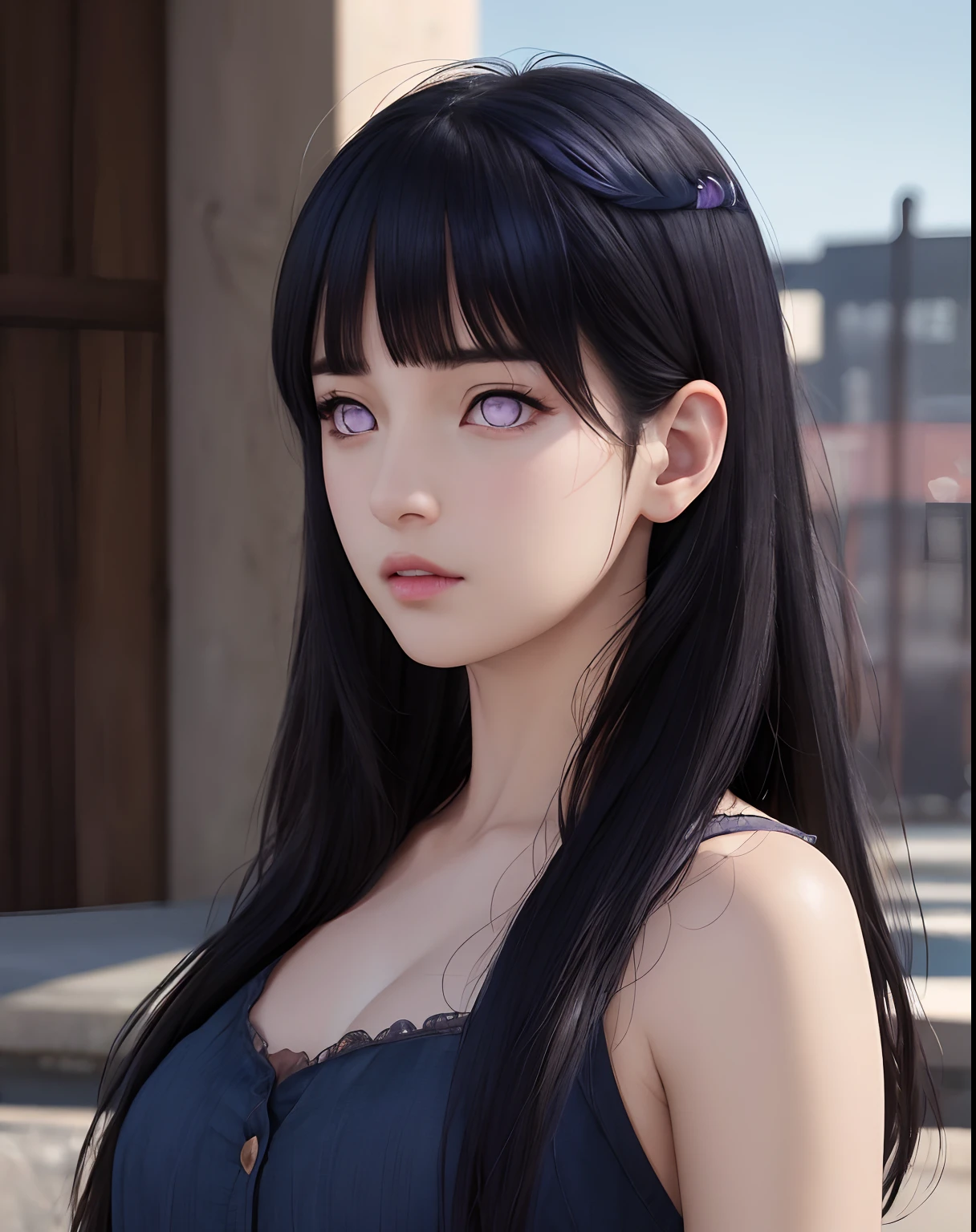 masterpiece,best quality,ultra-detailed,8K,detailed light,detailed shadow,RAW, (detailed skin),(realistic:1.2),
1 girl,Blunt Bangs, purple eyes, long dark blue hair