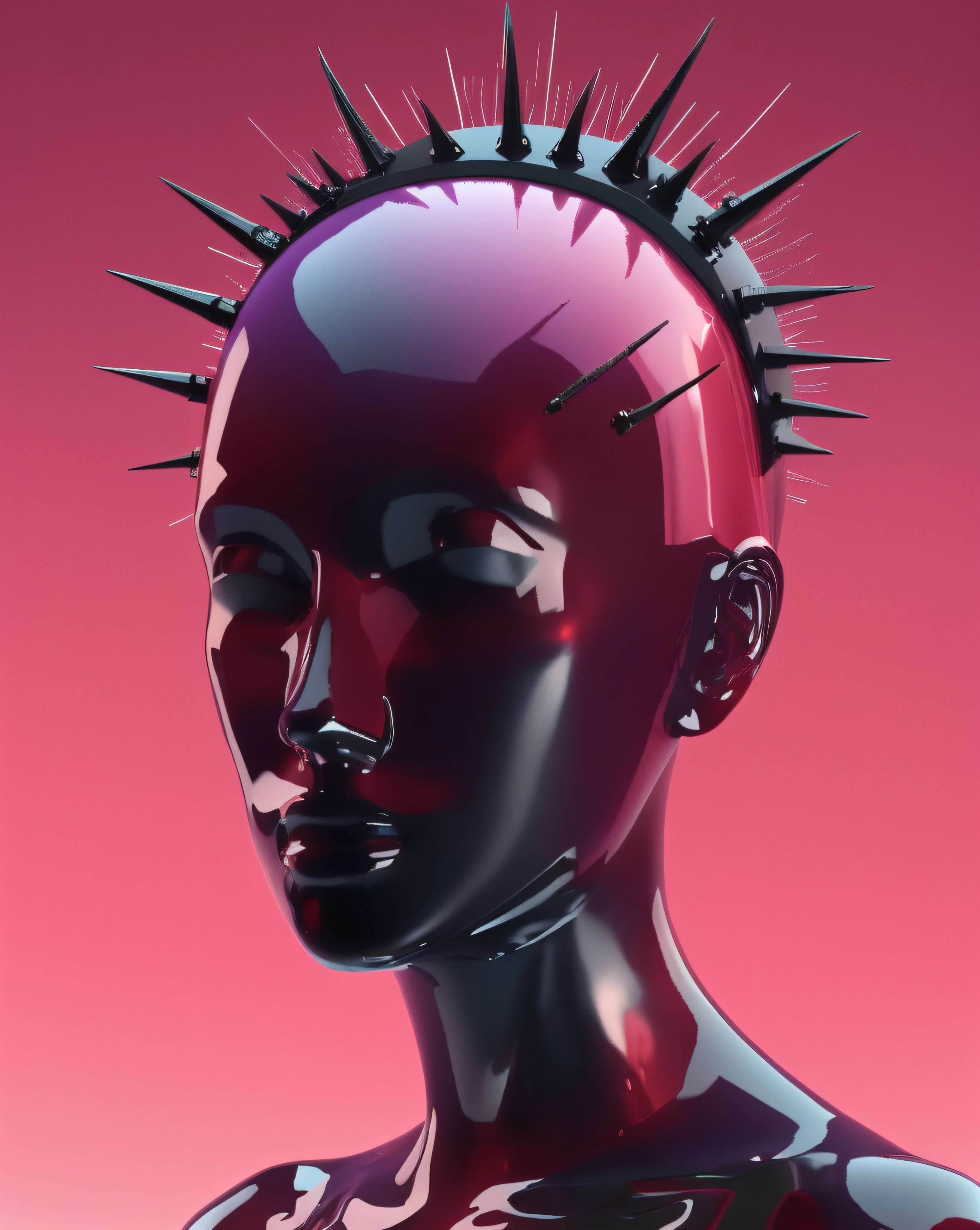 a white mannequin with black hair and a black headpiece with spikes on it's head, Beeple, cinema 4 d, cyberpunk art, net art , black_hair, closed_eyes, evening, gradient, gradient_background, pink_background, pink_theme, portrait, purple_sky, red_background, red_sky, solo