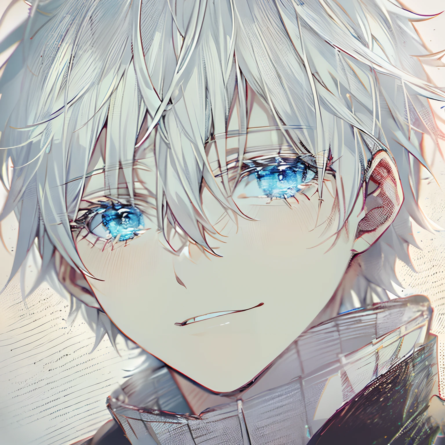 Satoru Gojo,White hair,Short hair,,hair between eye,Blue eyes,colored eyelashes，With a gentle expression，