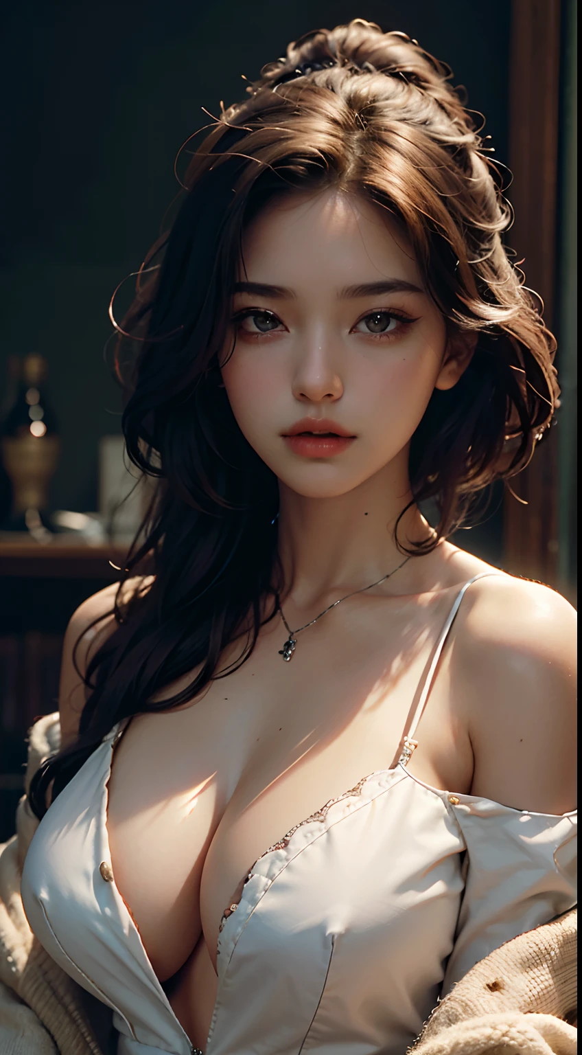 Best quality, masterpiece, ultra high resolution, (photorealistic: 1.4), raw photo, 1girl, big boobs, clothes with neckline, off shoulder, cinematic lighting, revealing half of her big, round chest , Extremely detailed and sharp