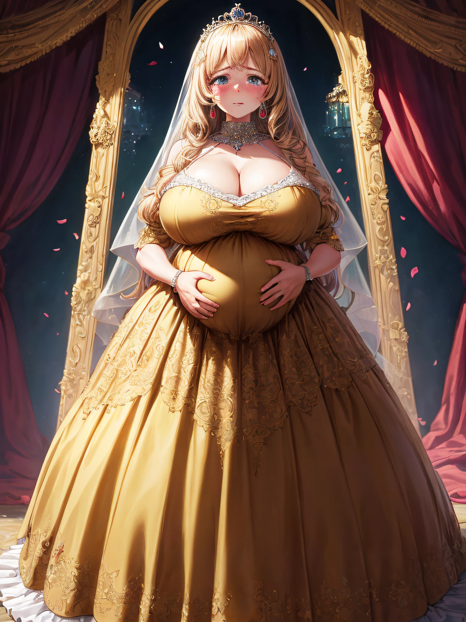 (masterpiece, best quality,extremely detailed:1.1),(moe anime art style:1.2),1girl,((full body,focus face)),((solo)), cute, kawaii,digital art,((1 bling-bling pregnant princess wearing beautiful embroidery and jeweled gorgeous princess rococo ballgown with voluminous full length hoop skirt)),(((heavily pregnant))),very big pregnant belly,((crinoline)),long train,voluminous frills,(gorgeous embroidery and beautiful lace),((very gigantic boobs,skindentation)),cleavage,shiny hair,(((very long hair,large amount of straight hair))),((embarrassed,cry)),((finely detailed face and eyes)),clear pupil,extremely gorgeousfull hair ornament,(bling-bling jeweled extremely gorgeousfull tiara),(bling-bling gorgeous gemstone jewelry),long veil,beautiful background,fantasy background,flowers,flower petals flowing,full body,((beautiful embroidery and jeweled ruffled gorgeous princess rococo ballgown with voluminous full length hoop skirt))