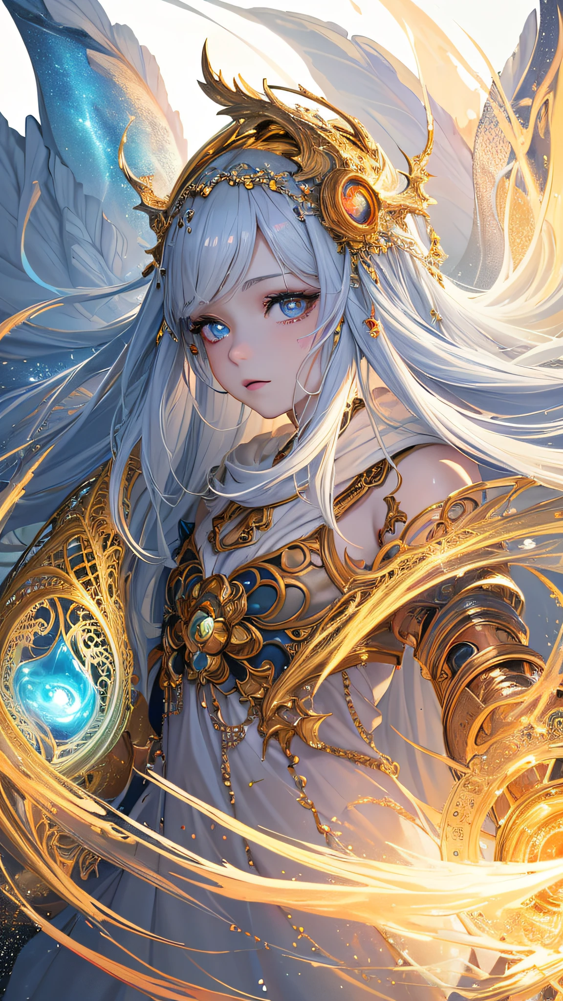 (masterpiece, top quality, best quality, official art, beautiful and aesthetic:1.2), (1girl), extreme detailed eyes, (fractal art:1.3), colorful, highest detailed, (perfect face), shiny skin, HDR, (white cloak golden lines:1.2), galaxy, (light streaks), striking visuals, (dynamic streaks, luminous trails:1.2), vibrant colors, (phoenix), (dragon)