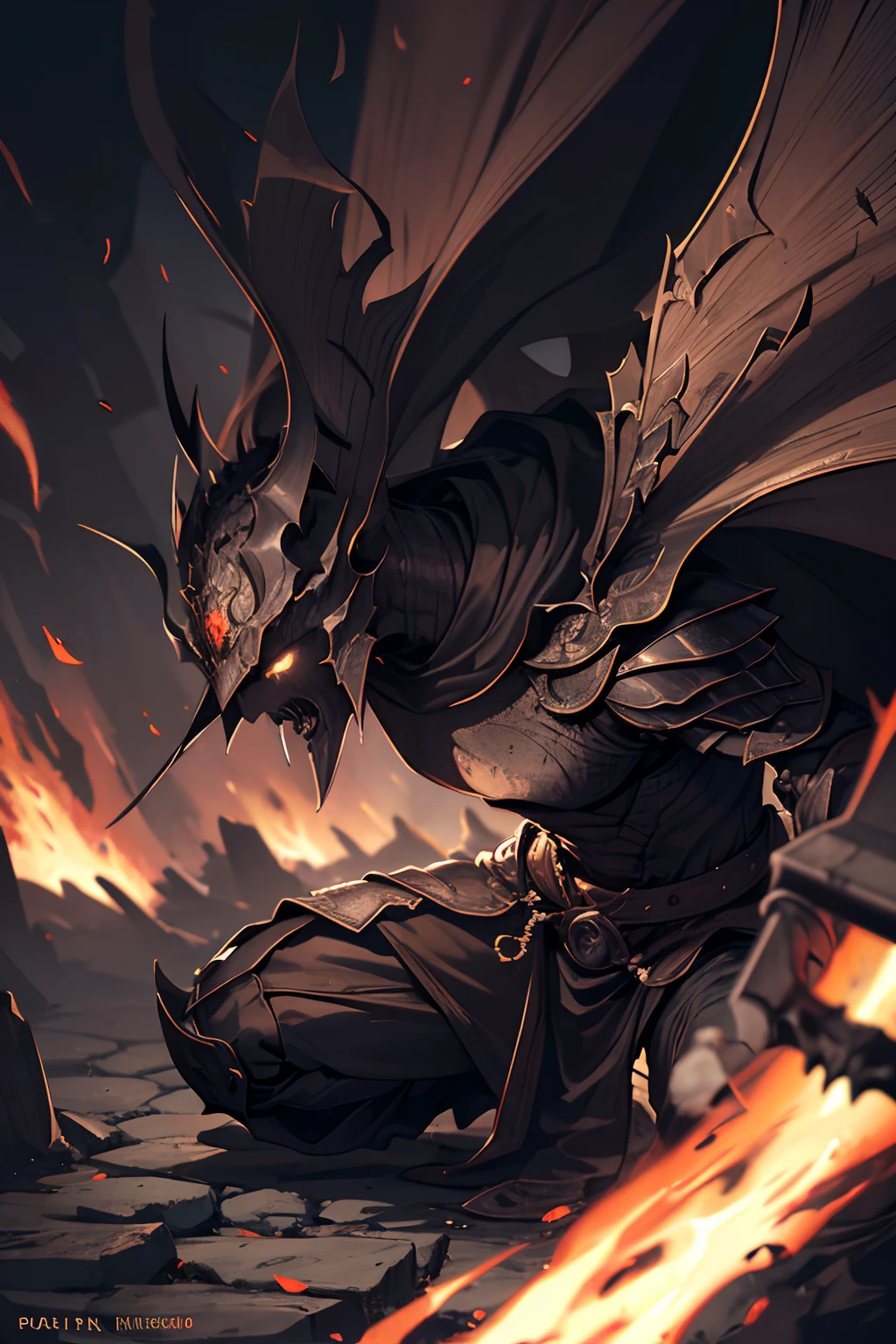 (ultra-detailed,highres,masterpiece:1.2),(realistic,photorealistic,photo-realistic:1.37),berserk armor,dark colored armor crouched on a stone,holding a big sword over his shoulder,detailed eyes and face,long eyelashes,bloodlust in eyes,grim expression,evil aura,berserk armor pose,squat position,bulky metallic plates,shiny armor,cloak flowing in the wind,dark environment,ominous atmosphere,creepy shadows,1 person,spooky ambience,manga art style,detailed manga-style shading,dynamic lines,colorful abstract background,contrast lighting,emphasis on powerful and intense emotions,dramatic composition,deep chiaroscuro lighting,fierce battle-ready stance,slight blur effect,gloomy color scheme,vivid colors,sharp focus,extreme detail description,highlighted textures,sculpted muscles,strong shadows,imposing presence,epic battle scene,threatening presence.