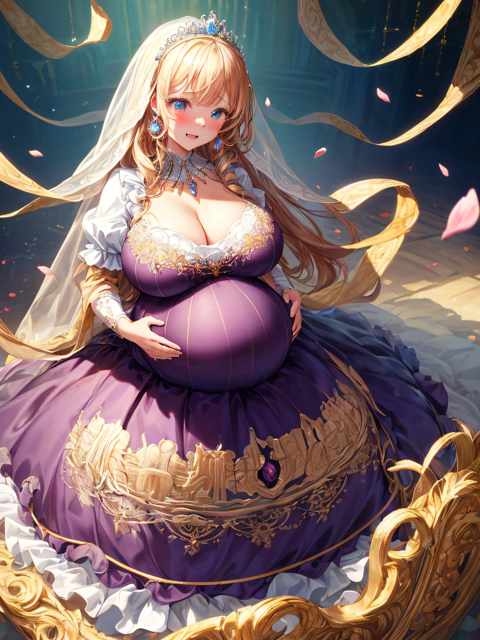 (masterpiece, best quality,extremely detailed:1.1),(moe anime art style:1.2),1girl,((full body,focus face)),((solo)), cute, kawaii,digital art,((1 bling-bling pregnant princess wearing beautiful embroidery and jeweled gorgeous princess rococo ballgown with voluminous full length hoop skirt)),(((heavily pregnant))),very big pregnant belly,((crinoline)),long train,voluminous frills,(gorgeous embroidery and beautiful lace),((very gigantic boobs,skindentation)),cleavage,shiny hair,(((very long hair,large amount of straight hair))),((embarrassed,cry)),((finely detailed face and eyes)),clear pupil,extremely gorgeousfull hair ornament,(bling-bling jeweled extremely gorgeousfull tiara),(bling-bling gorgeous gemstone jewelry),long veil,beautiful background,fantasy background,flowers,flower petals flowing,full body,((beautiful embroidery and jeweled ruffled gorgeous princess rococo ballgown with voluminous full length hoop skirt))