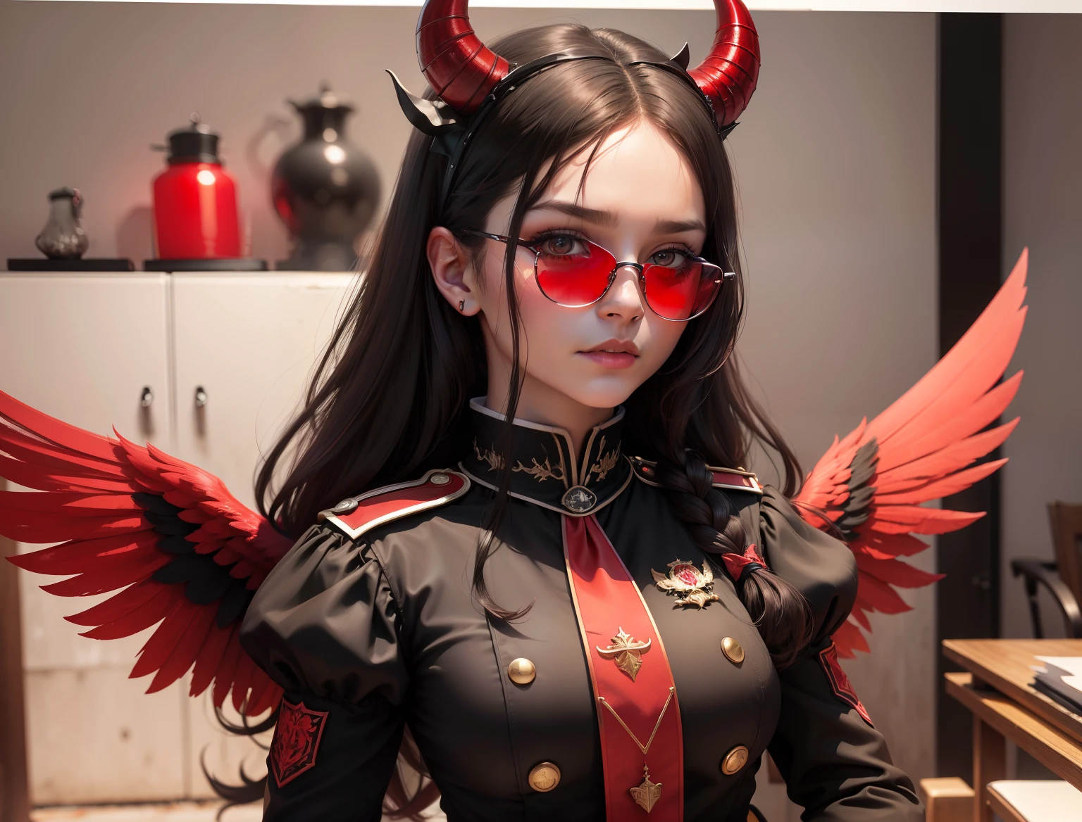 (best quality,ultra-detailliert,fotorealistisch:1.37),Dämonenengel in Uniform,schwarze Farbe,Rote Farbe,Detailed horns on the head,scharfer Fokus,Lebendige Farben,Studiobeleuchtung,Realistisch,bokeh,hight resolution,Conceptual Artist,Professionell,portrait,Portrait of a demon angel with horns in uniform,Shades of red and black