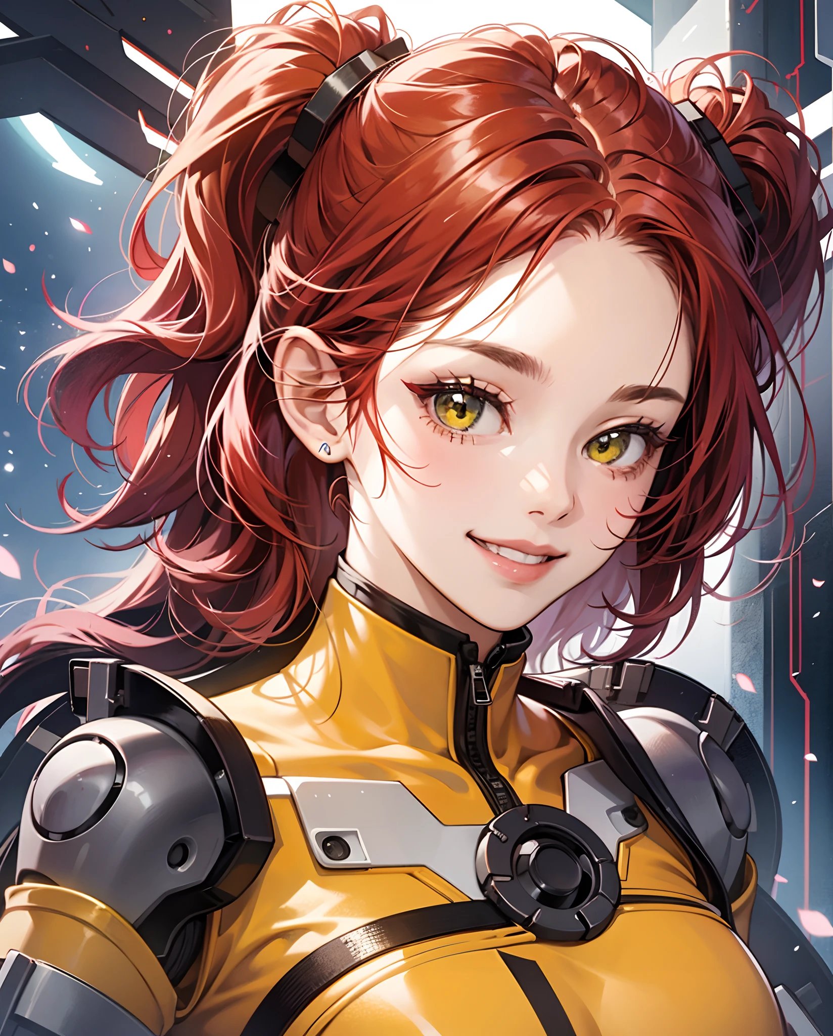cute girl, robot, red hair, smiling, yellow tight bodysuit, eyes detailed --auto --s2