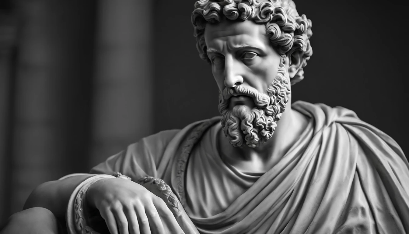 a portrait statue of the stoic Marcus Aurelius in black and white 4K,Face de lado, papel de parede super realista , sem camisa, sintura,corpo forte