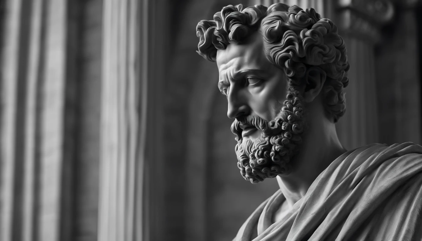 a portrait statue of the stoic Marcus Aurelius in black and white 4K,Face de lado, papel de parede super realista , sem camisa, sintura,corpo forte