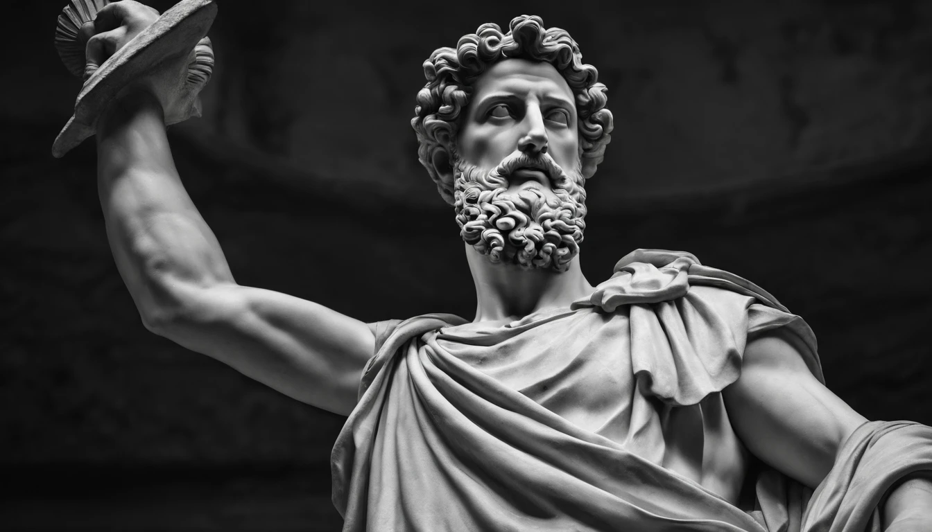a portrait statue of the stoic Marcus Aurelius in black and white 4K,Face de lado, papel de parede super realista , sem camisa, sintura,corpo forte