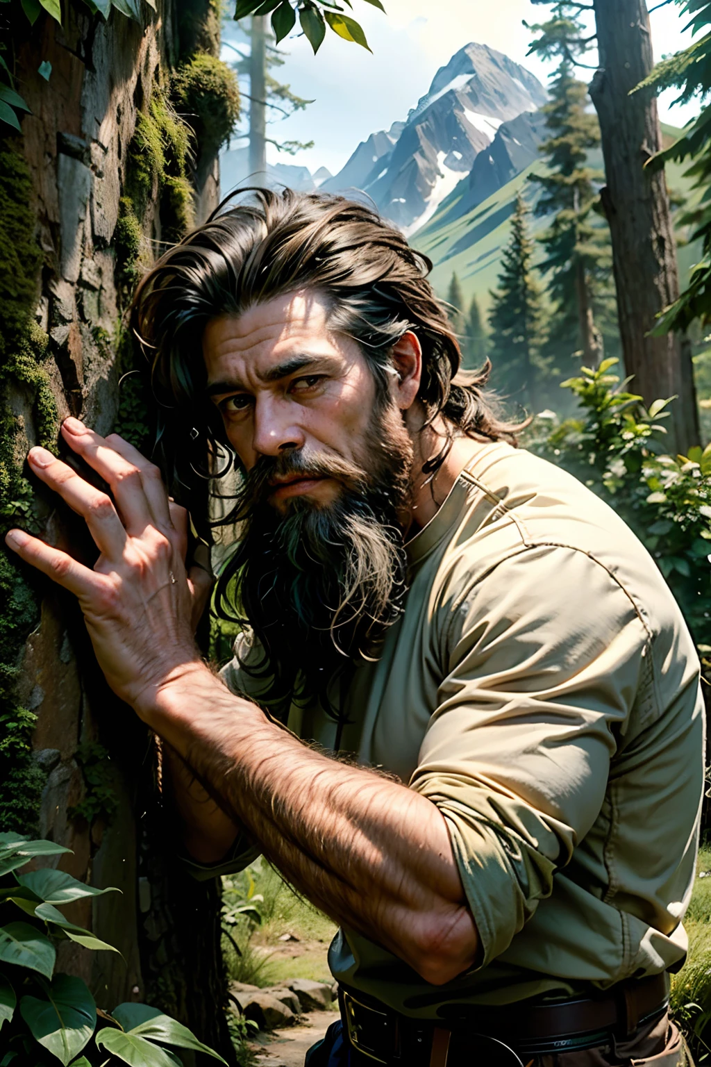 A man who is a rugged nature loving man with messy hair and beard, examining the leaves of a tree in a forest, background is summertime with mountain in distance, mood is grace, peace, sublime, delight, daytime light, character design.