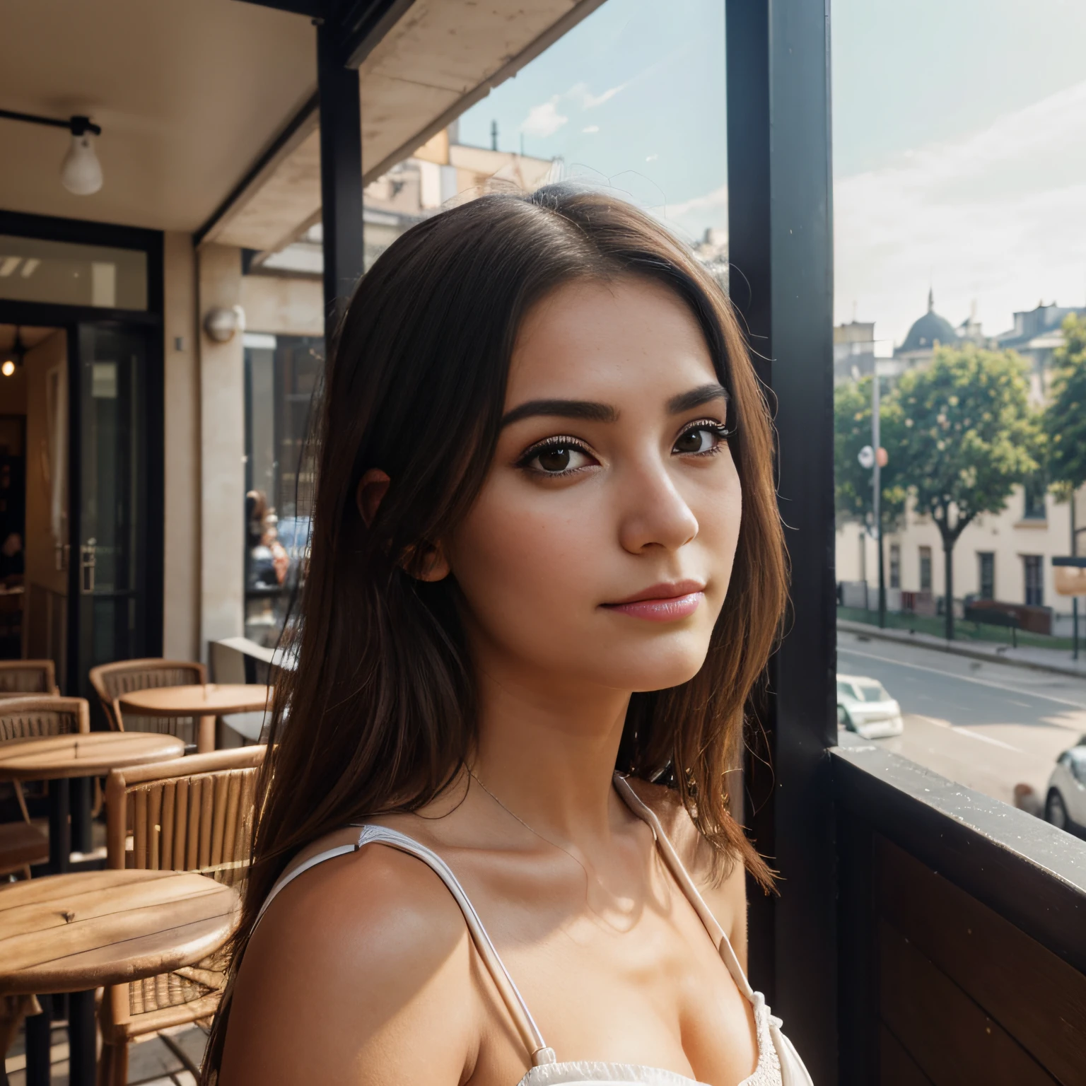Photograph of a beautiful girl, on the terrace of a café, porte une jupe, masterpiece, jouissant, fille, Fille chaude, (((buste lourd))), cheveux bruns, long_cheveux, symmetrical face, photoreallistic, photographie, Phone camera, natural lighting, magnifique, clivage, occidental, Lo-fi, High resolution, Extremely detailed, peau avec pores, realistic lighting, natural light, selfie, visage naturel, Moles, instagram pose, influencer, Low Fidelity, Imperfect