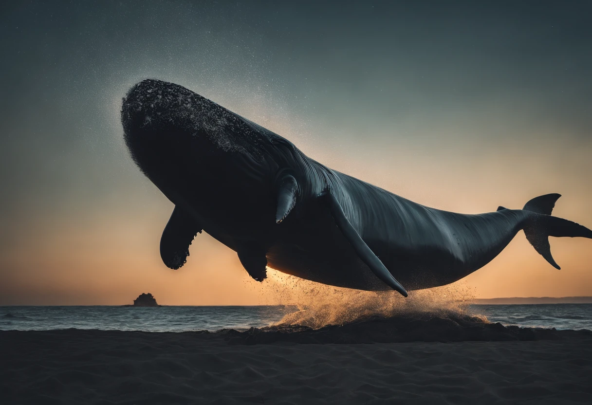 8K,tmasterpiece,Huge whales swimming at sea,There is an island on the whale's back,Side view,Barren island,The sea is vast,the night,The Milky Way is brilliant
