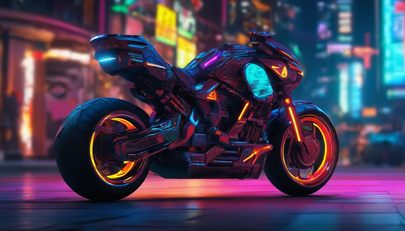 Cyberpunk-style motorcycle, colored in black and neon, featuring intricate and complex mechanical structures with glowing parts. simple background, Lighting style: street light. Fancy words: powerful, sleek, futuristic, Tron Lightcyle, exposed metal chassis,