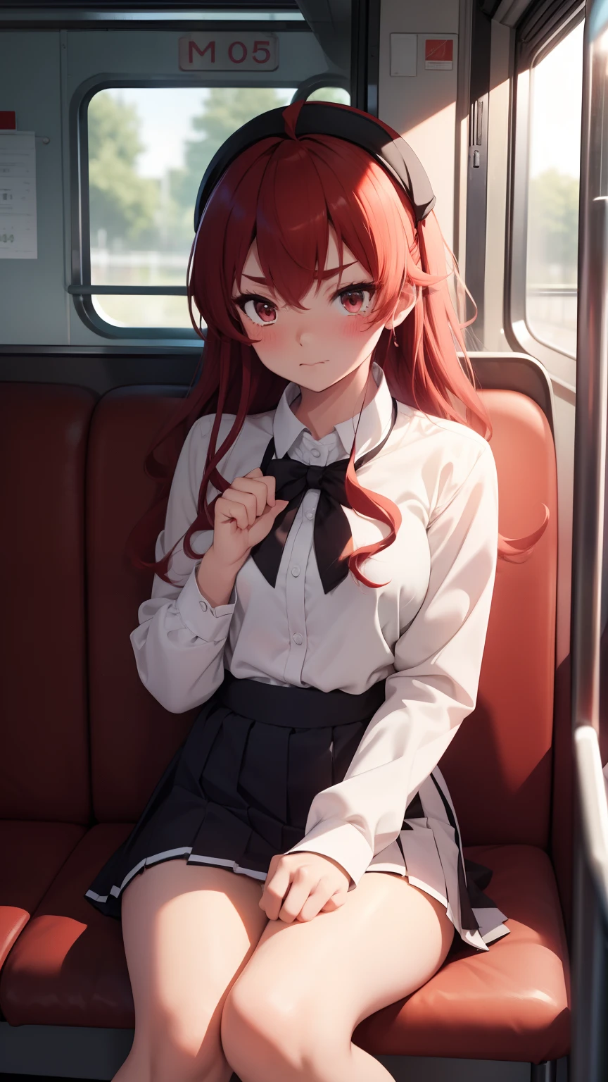 embarrassed, blushing, shows white panties, lifts her skirt with one hand, spread-legged position in train seat, knees apart, red hair,  　school  uniform　mini-skirts　Hi-Res　1girl in　Cute anime illustration