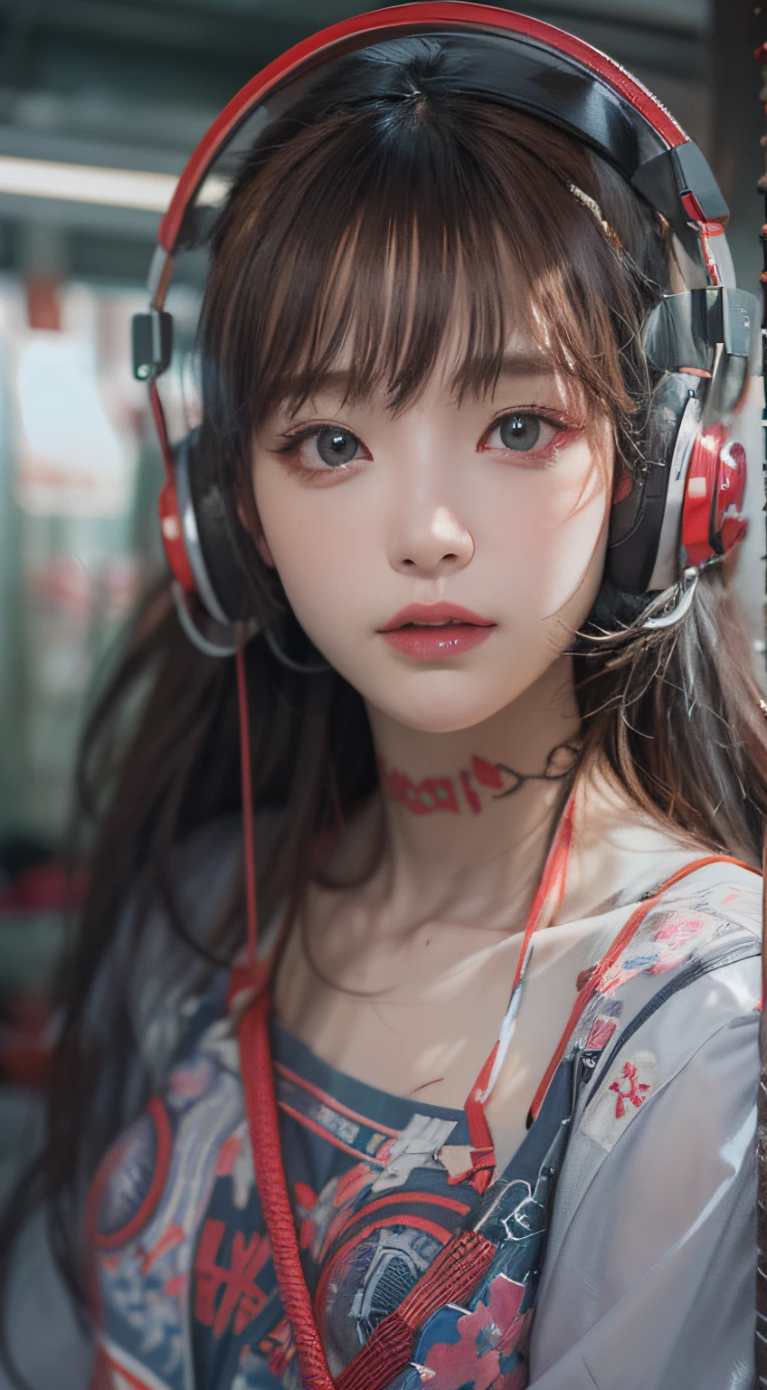 tmasterpiece, 1 beautiful girl, A detailed eye, Swollen eyes, top-quality, 超A high resolution, (reality: 1.4), 电影灯光, jpn, a asian beauty, very very beautiful, Beautiful skins, slenderness, Forward-facing body, (ultra-realistic realism), (A high resolution), (8K), (The is very detailed), ( Best Illustration), (Beautifully detailed eyes), (ultra - detailed), 详细的脸, Bright lighting, Professional lighting、In the background is a cyberpunk room with many monitors、The rope is connected from the garment、The hair color is red、headset on head、Small tattoos on the face、Female game commentator