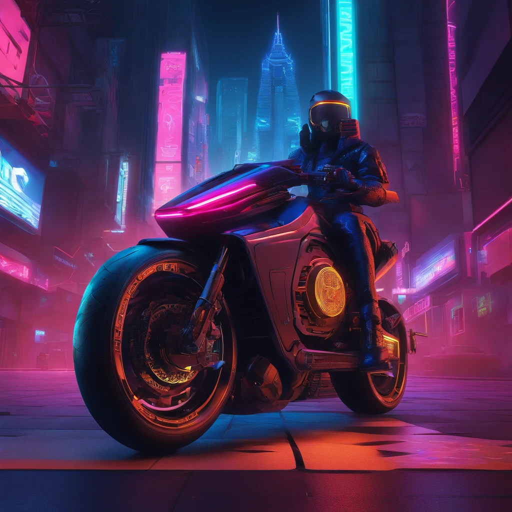 Cyberpunk-style motorcycle, colored in black and neon, featuring intricate and complex mechanical structures with glowing parts. simple background, Lighting style: street light. Fancy words: powerful, sleek, futuristic, exposed chassis, Tron lightcycle