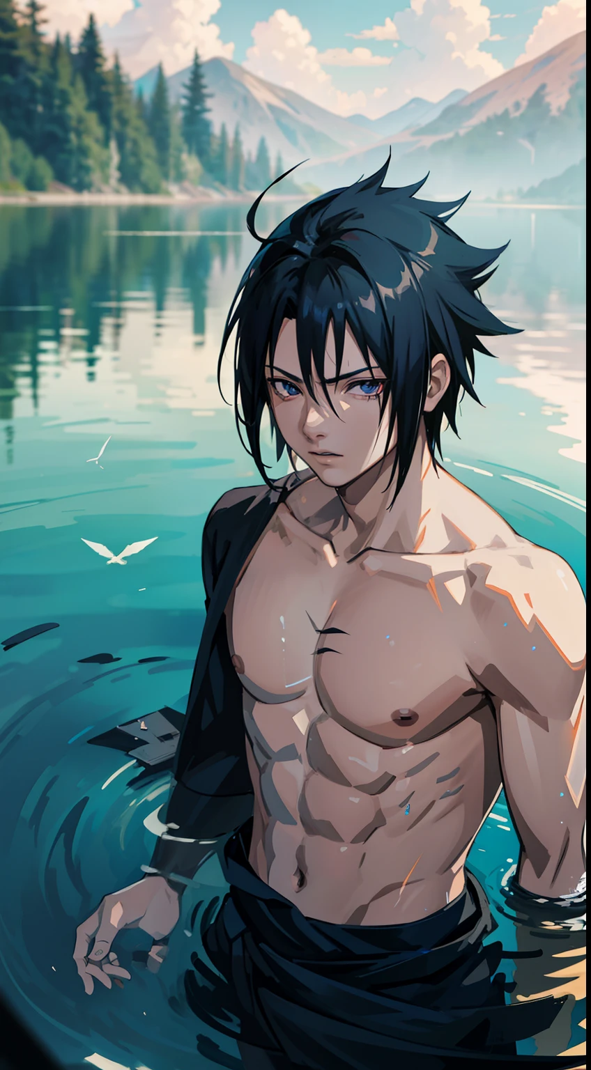 Sasuke Uchiha, (on a lake), masterpiece, best quality, ultra quality, armpit, absurd details, best light, best shadow, sharp, sharp picture, detailed face, detailed eyes, detailed hair, detailed, extremely detailed, great resolution, 8k, 4k, uhd, ray tracing, beautiful effects, shirtless