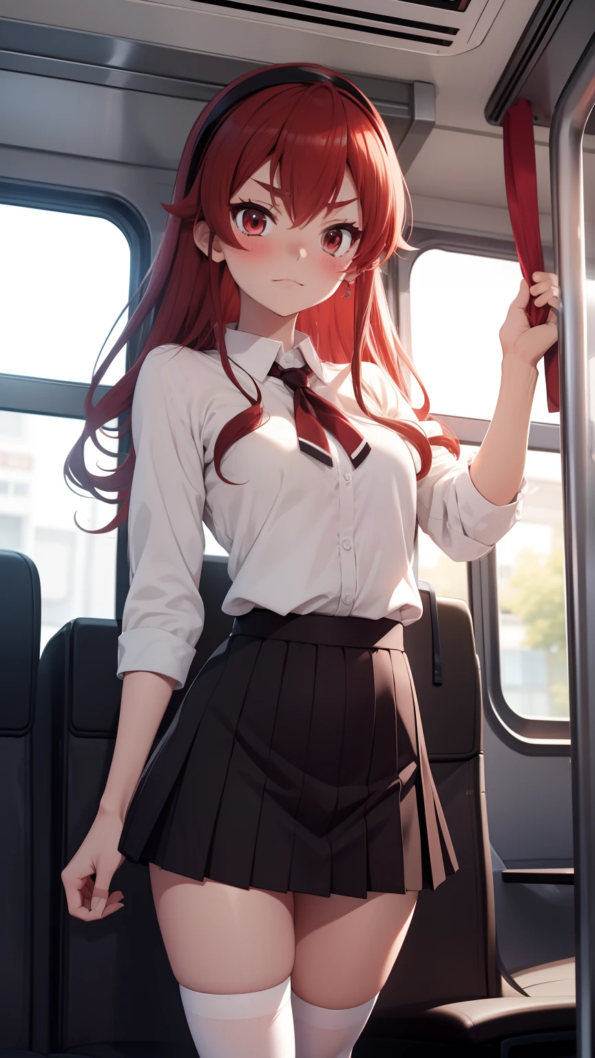 embarrassed, blushing, shows white panties, lifts her skirt with one hand, spread-legged position in train seat, knees apart, red hair,  　school  uniform　mini-skirts　Hi-Res　1girl in　Cute anime illustration