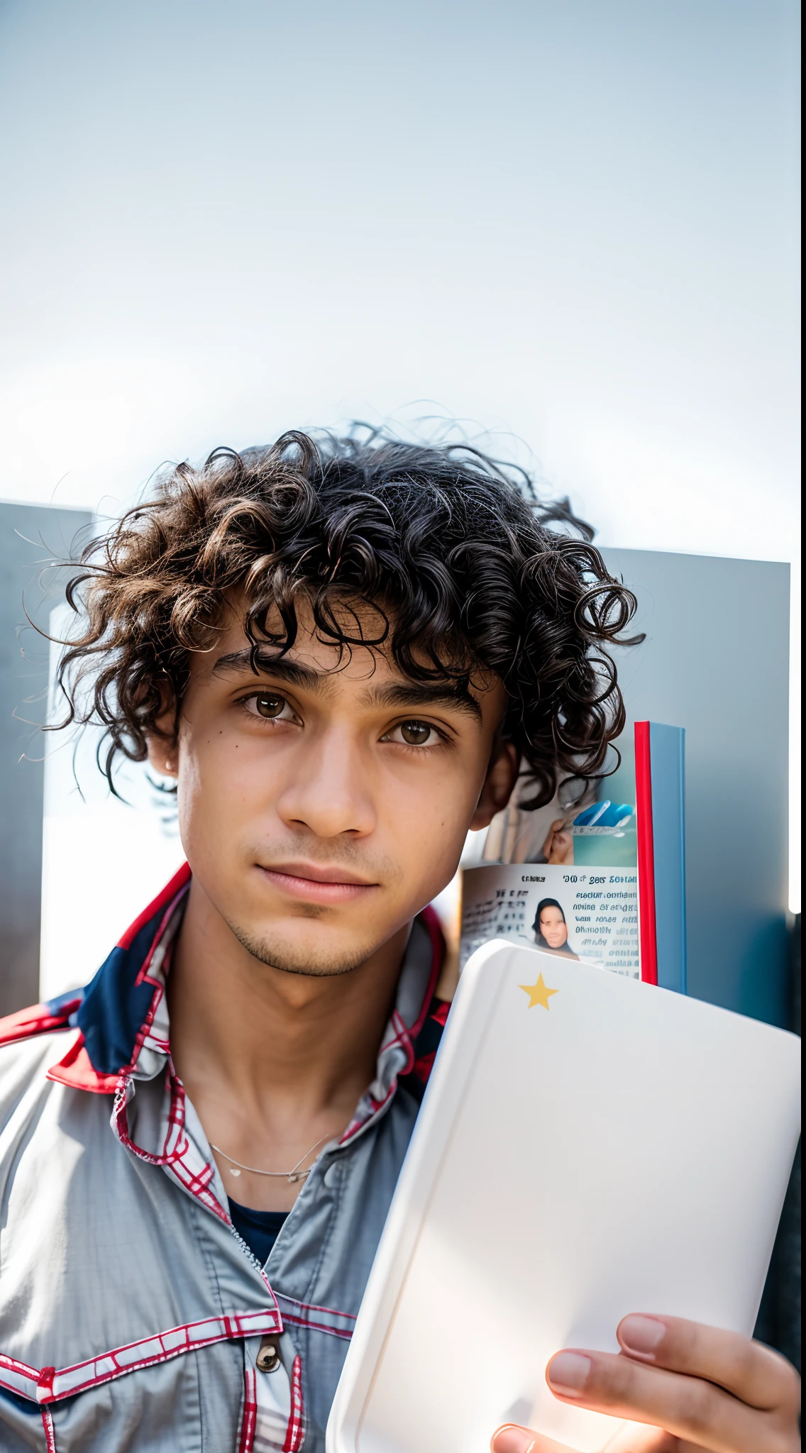 There's a boy holding a book in his hand, curls on top of his head, ele tem cabelos castanhos curtos e cacheados, 18 anos, messy curly hair, cabelos cacheados e curtos, 1 6 anos, Riyahd Cassiem, com afro, taken in the early 2020s, foto de perfil headshot