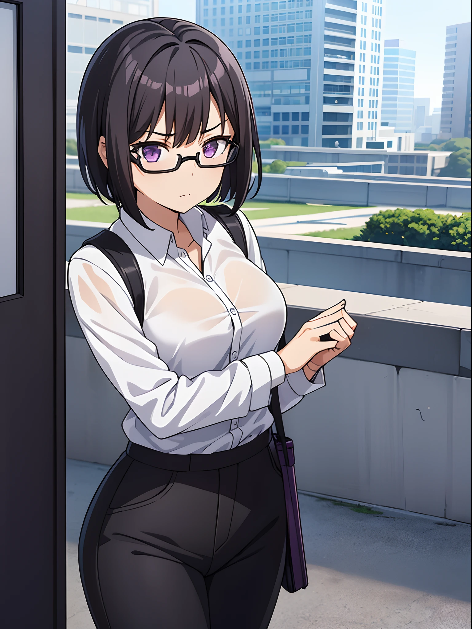 1girl, solo, short hair, jet black hair, purple eyes, (full body), standing, bangs, japanese police uniform, glasses, tokyo city backdrop, (white shirt), (black pants, tie), matching shoes, medium breasts, 20 age, badge