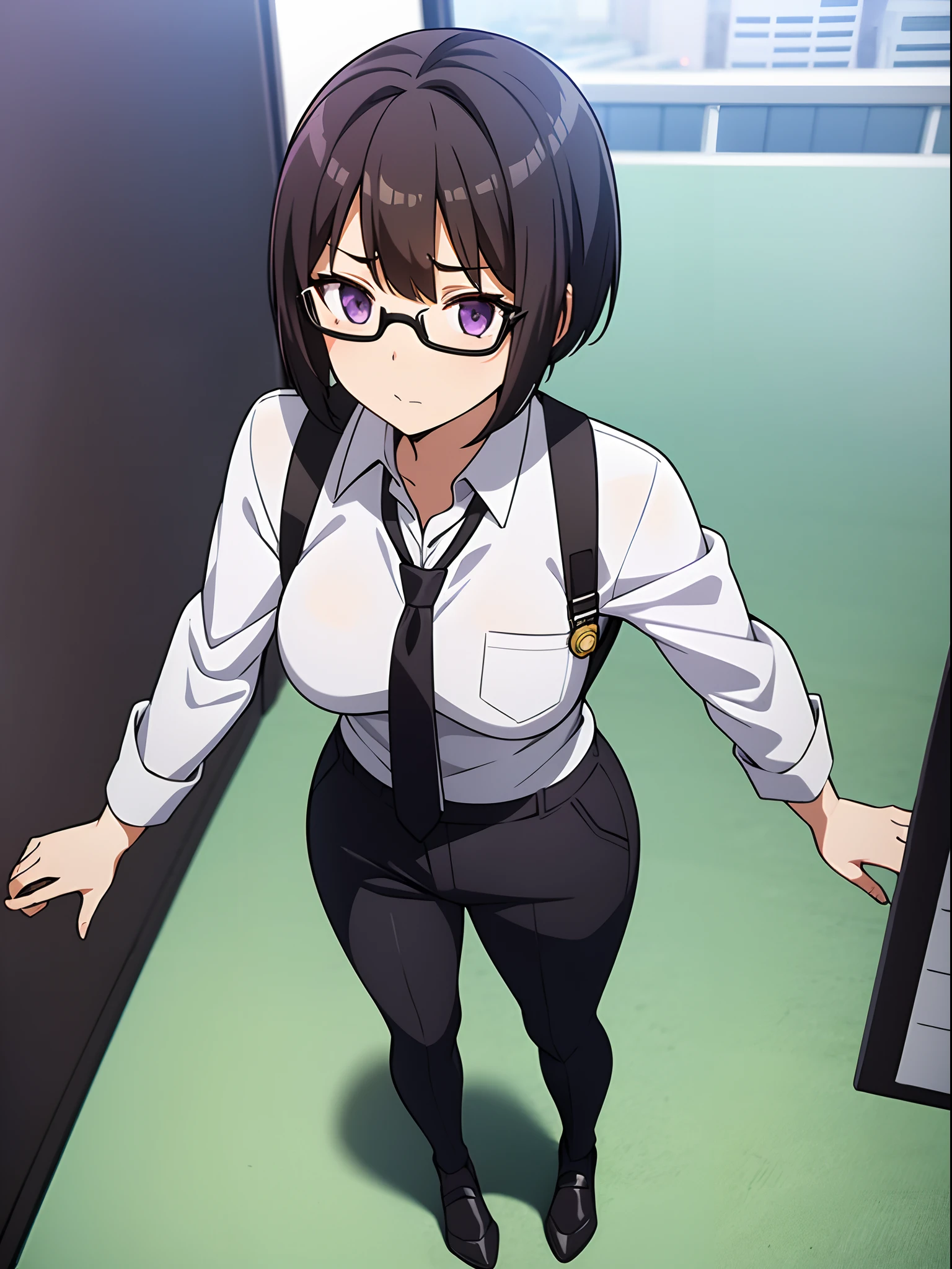 1girl, solo, short hair, jet black hair, purple eyes, (full body), standing, bangs, japanese police uniform, glasses, tokyo city backdrop, (white shirt), (black pants, tie), matching shoes, medium breasts, 20 age, badge
