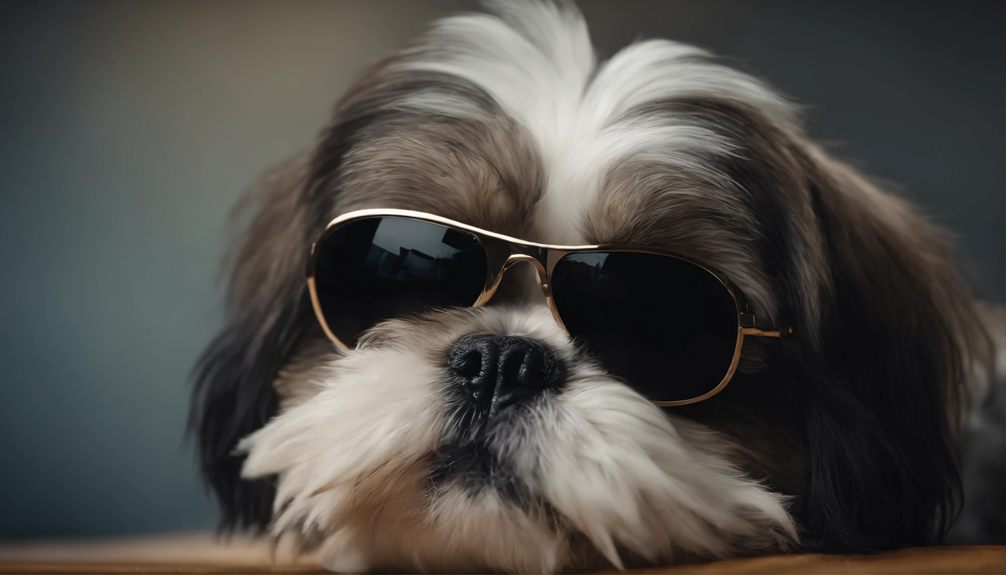 simple background，surreal，hyper detail，A stylish Shih Tzu lying on the bar counter，Shih Tzu wearing a hat、Shih Tzu wearing sunglasses、Shih Tzu wearing round glasses、Whiskey glasses、antique、SF，Visible everywhere，Highly detailed surreal VFX，impurities，vision，super fine，Super detailed，high quality，8K ，OC rendering，dynamic viewing angle