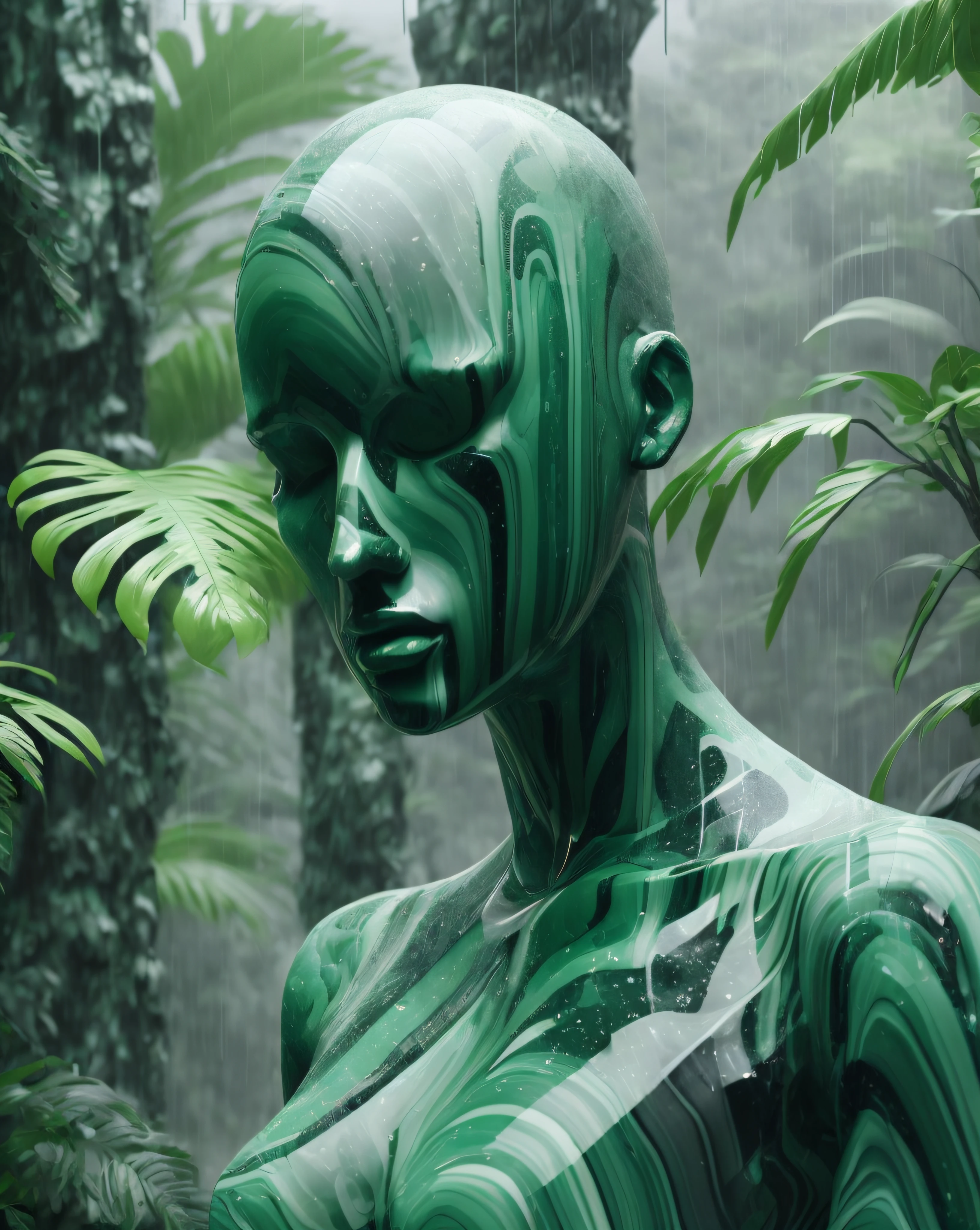 a camouflage-green mannequin made of marble , Beeple, cinema 4 d, cyberpunk art, net art , in the rain forest