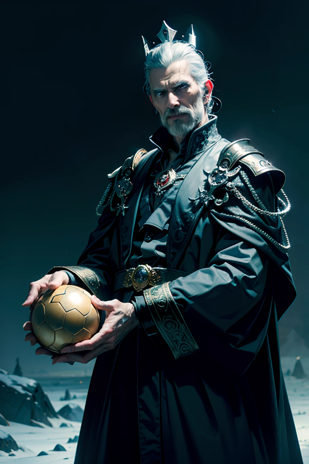 A man who is an evil emperor with a sinister grin, wearing a broken crown, holding a ball of confusion in his hand, background is black night sky, eerie lighting, snow falling, mood is futile, nugatory, abysmal, desolate, character design.