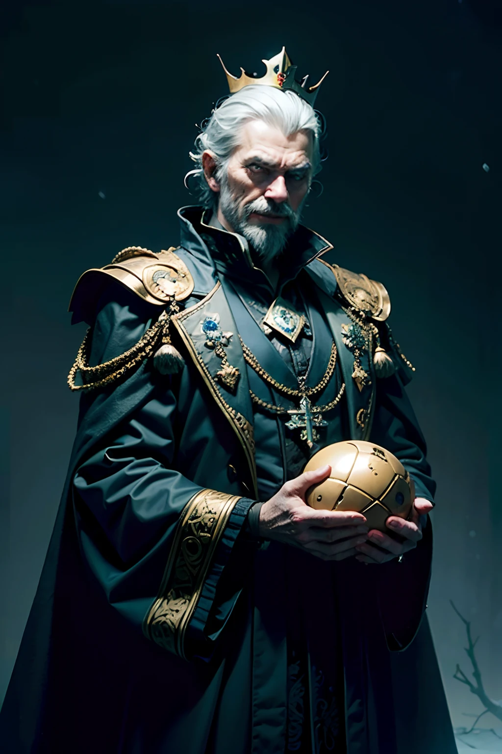 A man who is an evil emperor with a sinister grin, wearing a broken crown, holding a ball of confusion in his hand, background is black night sky, eerie lighting, snow falling, mood is futile, nugatory, abysmal, desolate, character design.