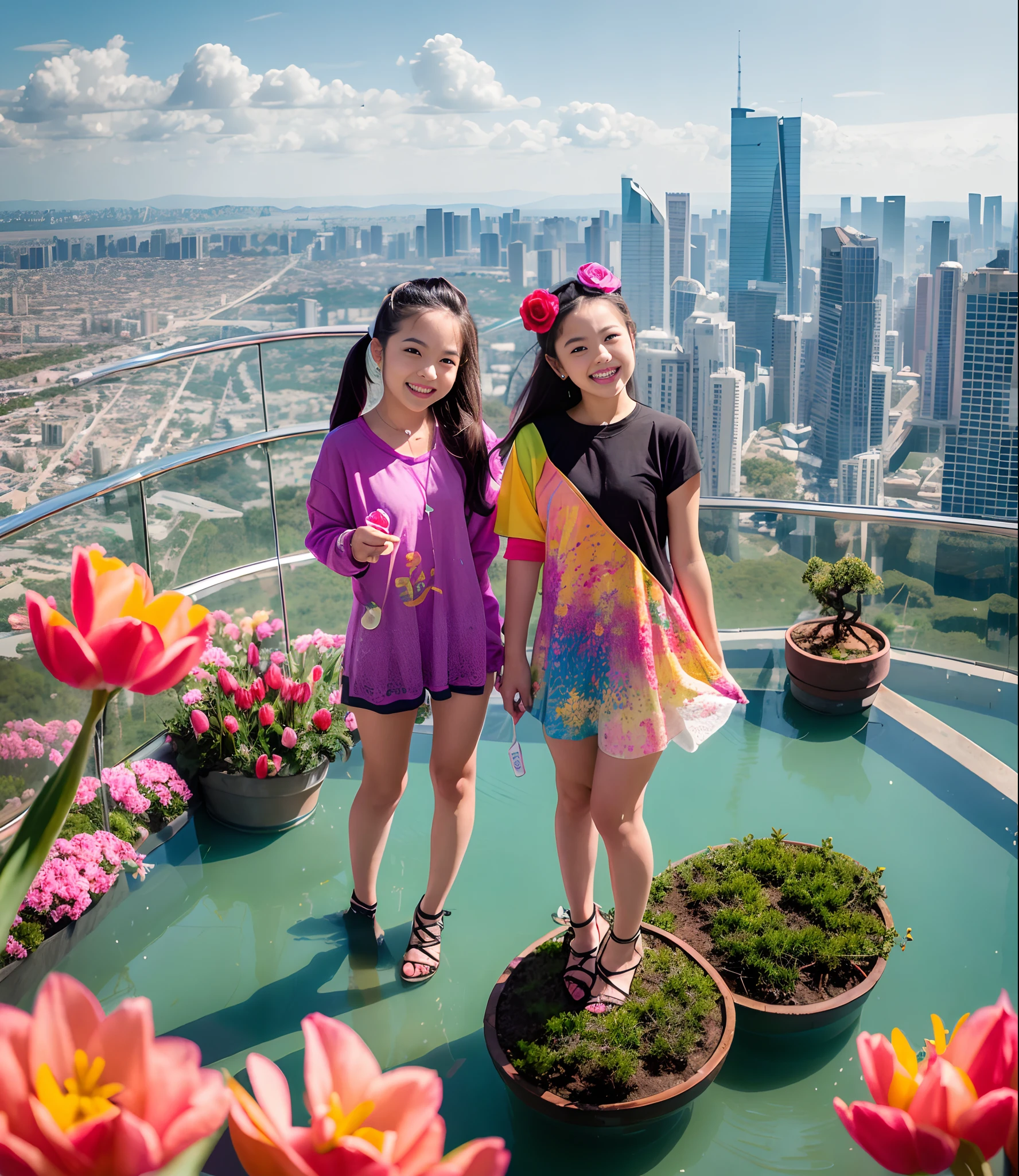 180th floor infinity pool,The tallest building in the urban forest,Around bonsai,Luo Han Song,coconut palms,tulips,Rose flower,Tease alpacas to play,There were five little girls wearing openwork translucent stockings,Pouting and smiling,is shy,Pinch your colorful hair, vivid vivid colors, multicolored clothing, Cut a tattered T-shirt, vibrant color details, Vibrant and dynamic, bright vibrant colors, multicolored clothing, Rich and vibrant colors, vivid vivid colors, Vivid and vibrant colors, vibrant tones, colorful outfit, colorful fashion, vivd colour, vivid and vibrant