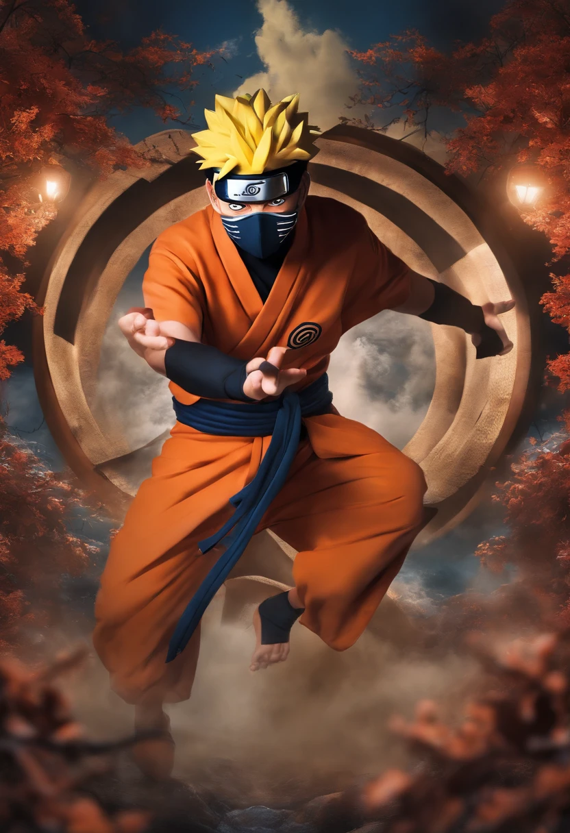 Um close de Naruto em um traje vibrante e colorido, with a mask that hides his identity.