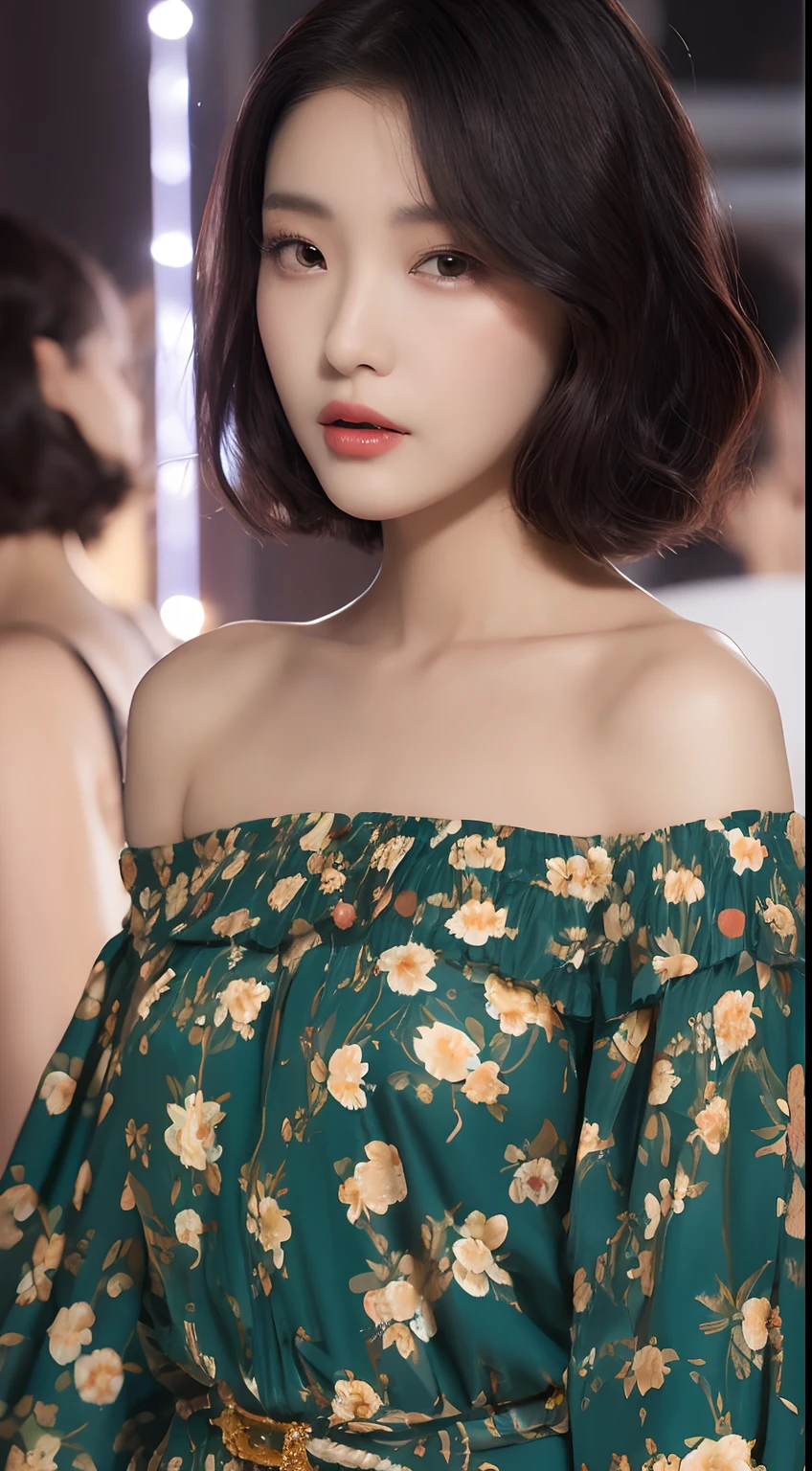 one Korean model ,Unique hair details, floral print cyberpunk off shoulder blouse, Near future, Curvilinear details , double eyelid, plump lips, short hair, detailed eyes, dazzling shiny rays of lights in all directions from her