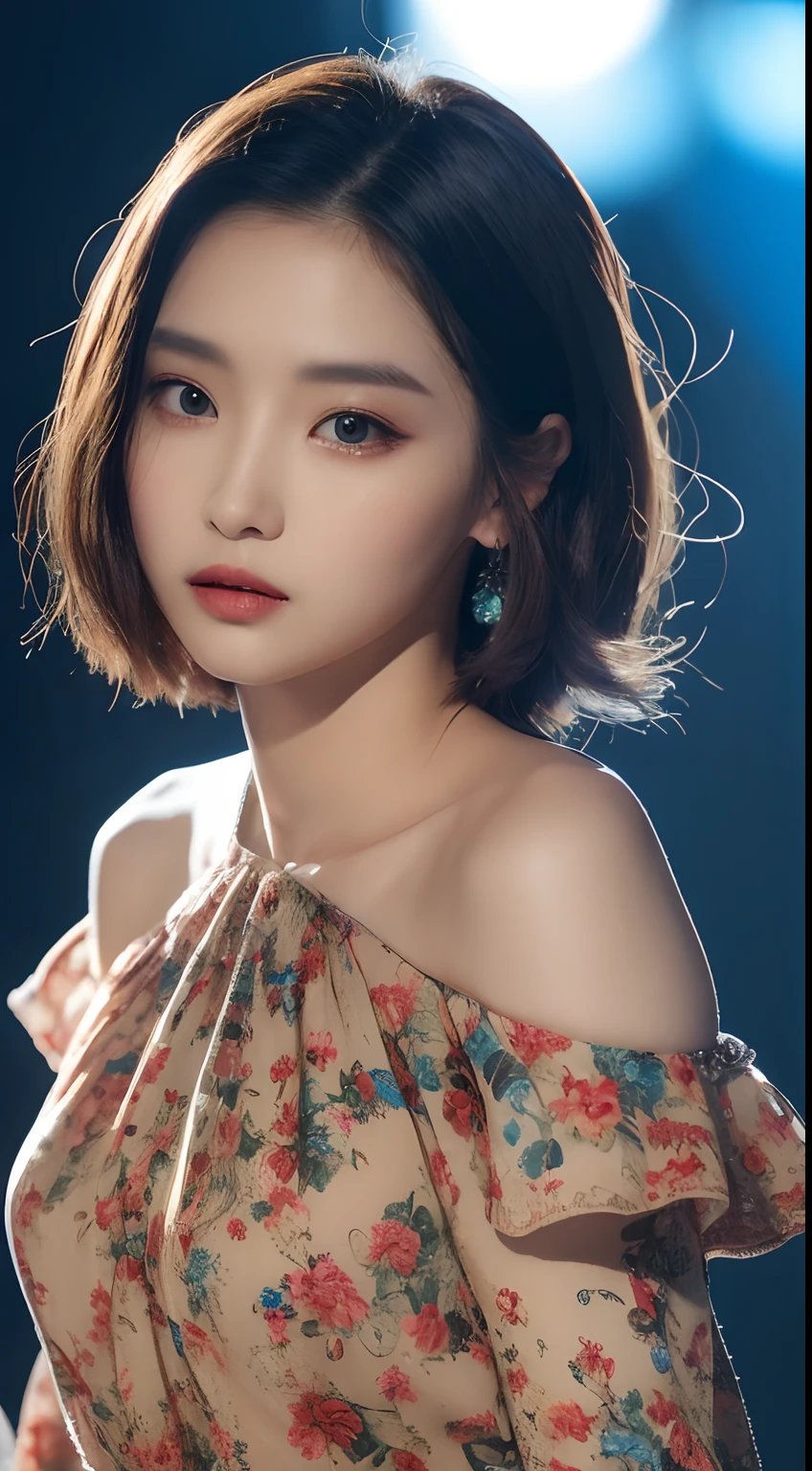 one Korean model ,Unique hair details, floral print cyberpunk off shoulder blouse, Near future, Curvilinear details , double eyelid, plump lips, short hair, detailed eyes, dazzling shiny rays of lights in all directions from her