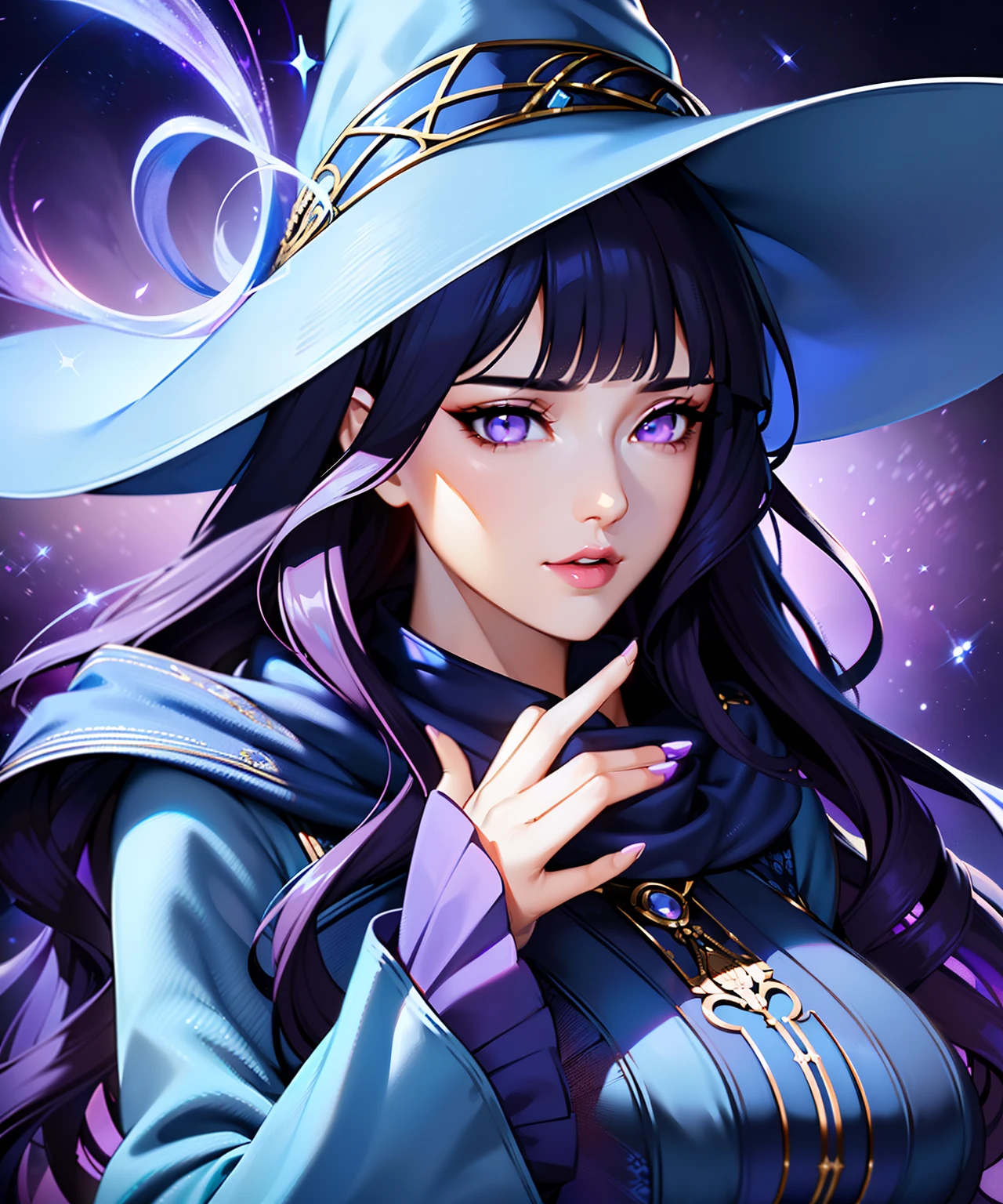 woman in her 20s, (perfect face), defined jawline, (beautiful bright purple eyes:1.2), beautiful lips, (long dark blue flowing wavy hair:1.2), (perfect hands), (intricate blue long-sleeved enchantress outfit), scarf, (big intricate blue witch hat), (warm volumetric lighting), looking at viewer, (medium shot photograph), (fantasy library background:1.2), photorealistic, Blunt Bangs