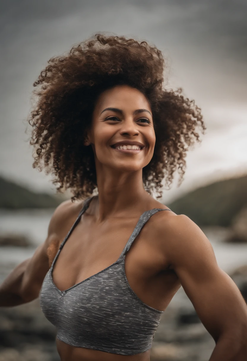 (best quality, high resolution), a Brazilian woman jumping happily with lines of energy emanating from her, vibrant heart icons, muscle icons and happy emojis around her. In the background, a subtle screen displays an online training platform