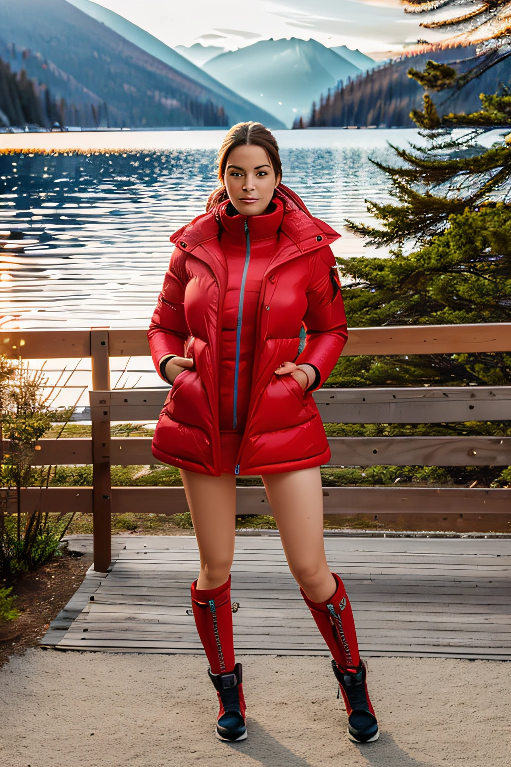 Make a woman with big breast, Red long winterjacket , with open zipper, with face, body, Lakeside house, travel bag, dog, Nude