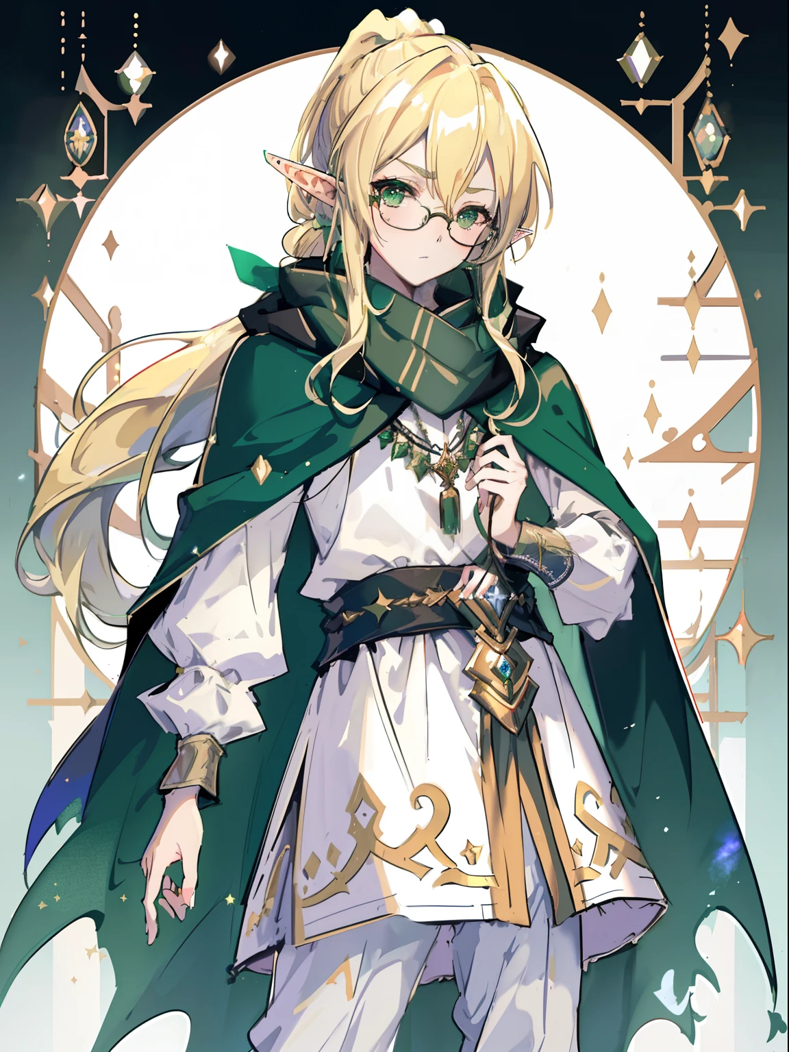 (best quality, highres), (green eyes:1.1), (long hair:1.1), (blonde hair:1.1), (elf ears:1.1), (wizard:1.1), (fantasy:1.1), (cloak:1.1), (ponytail:1.1), (looking straight at camera:1.5), (detailed wizard robe:1.1), (scarf:1.1), boots, white pants, tall, manly, 1 boy, standing, magic library background, furrowed eyebrows, fox tail, glasses, magic in hand towards viewer, pale skin