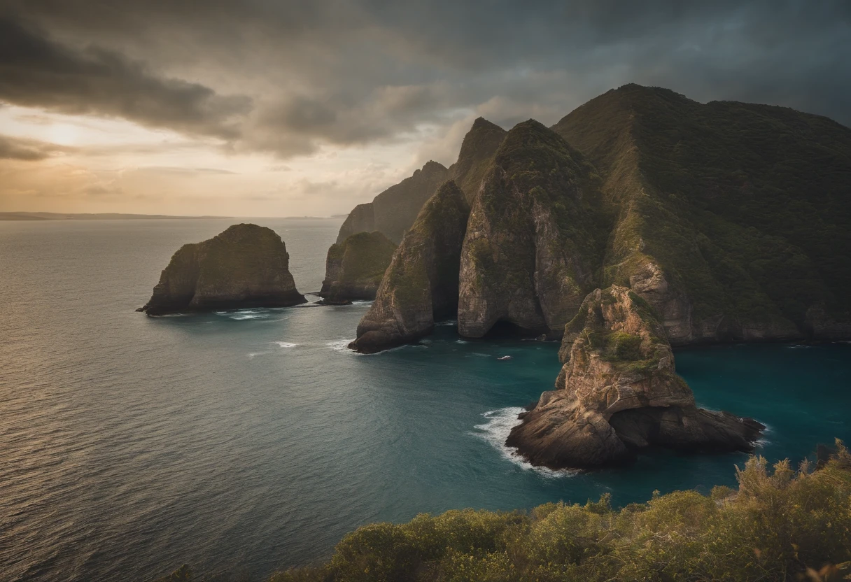 The small island without vegetation is surrounded by the ocean