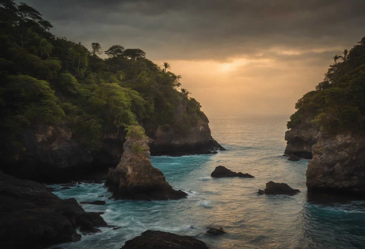 The small island without vegetation is surrounded by the ocean