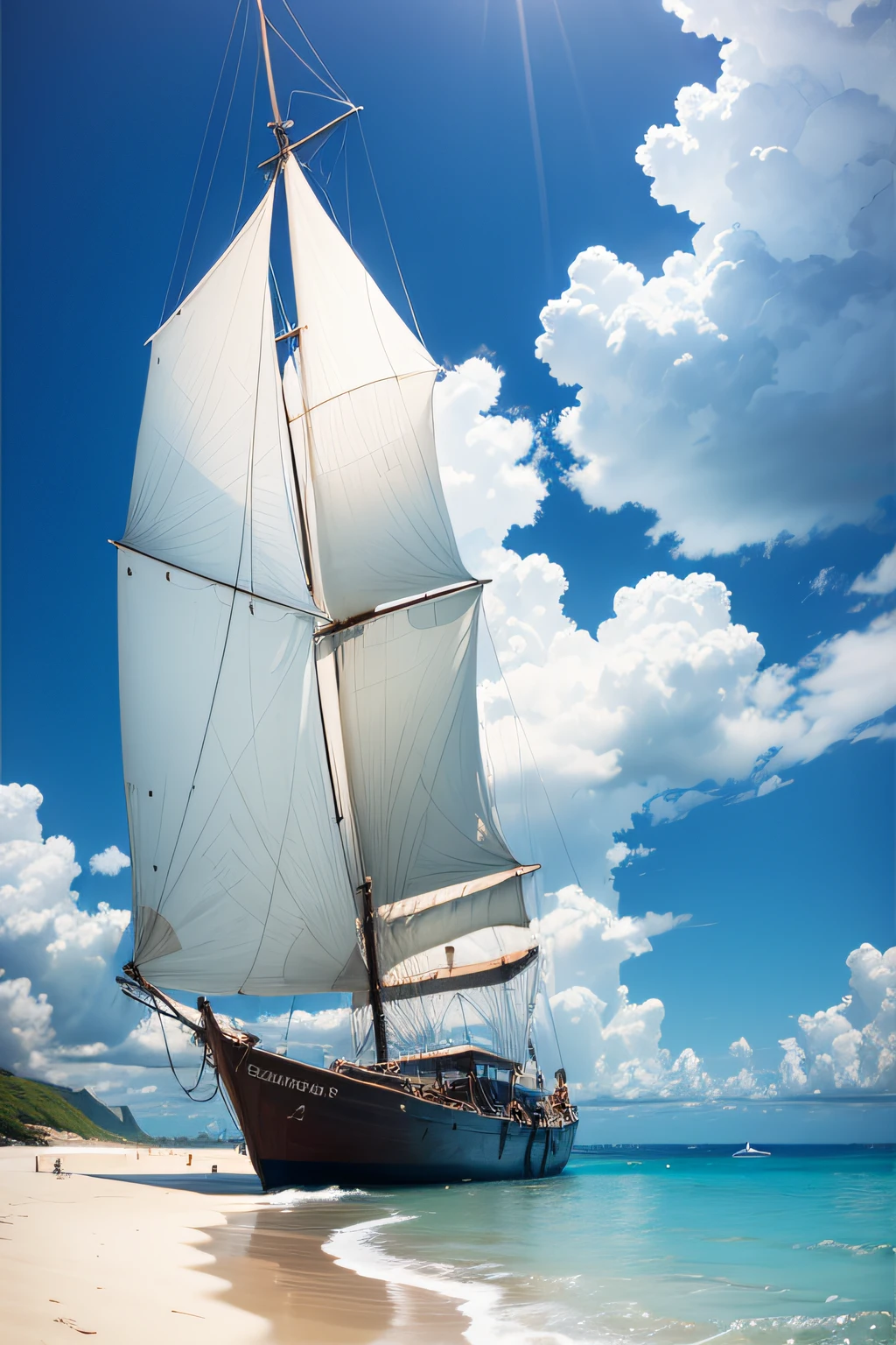 sandy beach, calm translucent sea, blue skies, cumulus clouds, Little lonely boat, The sail is lowered