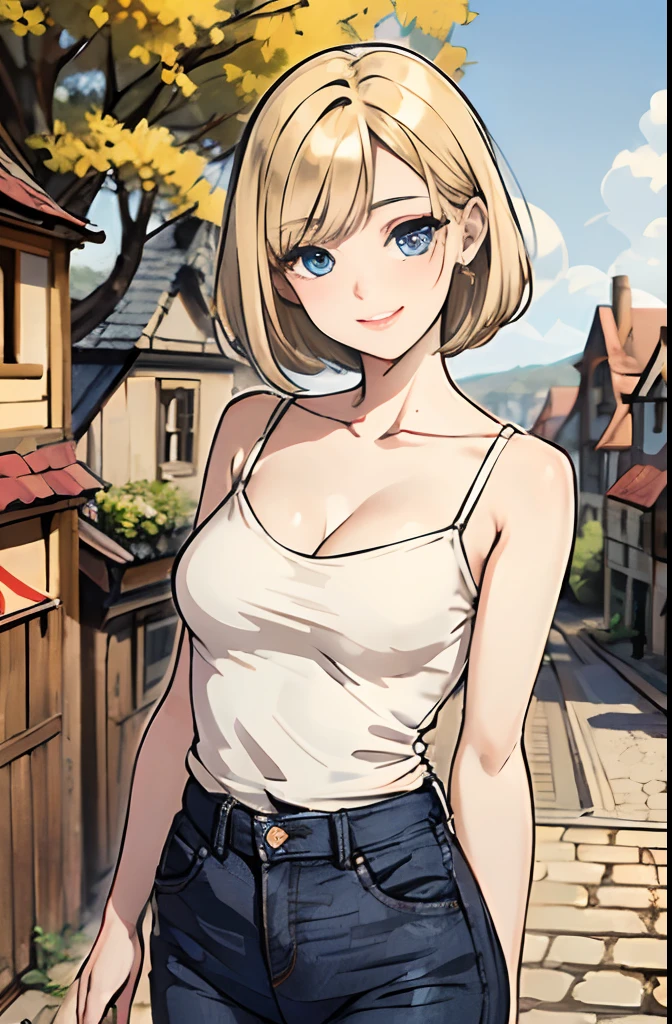 Blue jeans, ((black top)), young adult, European face structure, 20 years, blue eyes, beautiful eyes, short hair, ((blonde hair)), happy expression, big smile, mid sized chest, 5.2 feet tall, petite, less skin, masterpiece, european village background, nature background, old street background