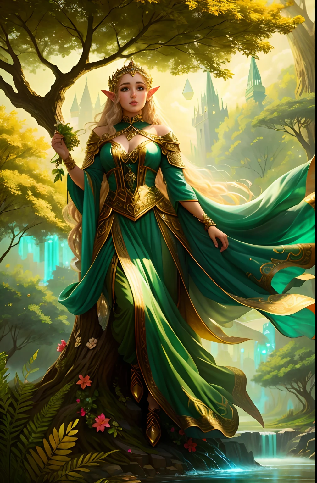 magv1ll, Beautiful elf woman in royal glamorous dress, Magic City, tree, Floating Leaf, Flowers, Fantasy