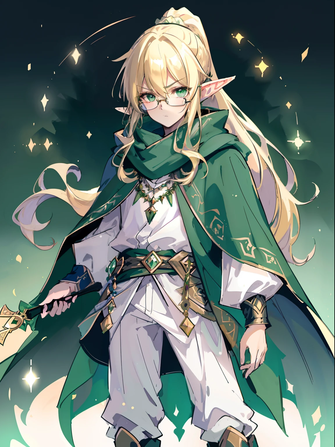 (best quality, highres), (green eyes:1.1), (long hair:1.1), (blonde hair:1.1), (elf ears:1.1), (wizard:1.1), (fantasy:1.1), (cloak:1.1), (ponytail:1.1), (looking straight at camera:1.5), (detailed wizard robe:1.1), (scarf:1.1), boots, white pants, tall, manly, 1 boy, standing, magic library background, furrowed eyebrows, fox tail, glasses, magic in hand towards viewer, pale skin