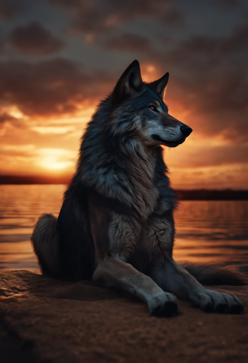 (nvinkpunk:1.2) (snthwve style:0.8) wolf, anthro, lightwave, sunset, intricate, highly detailed